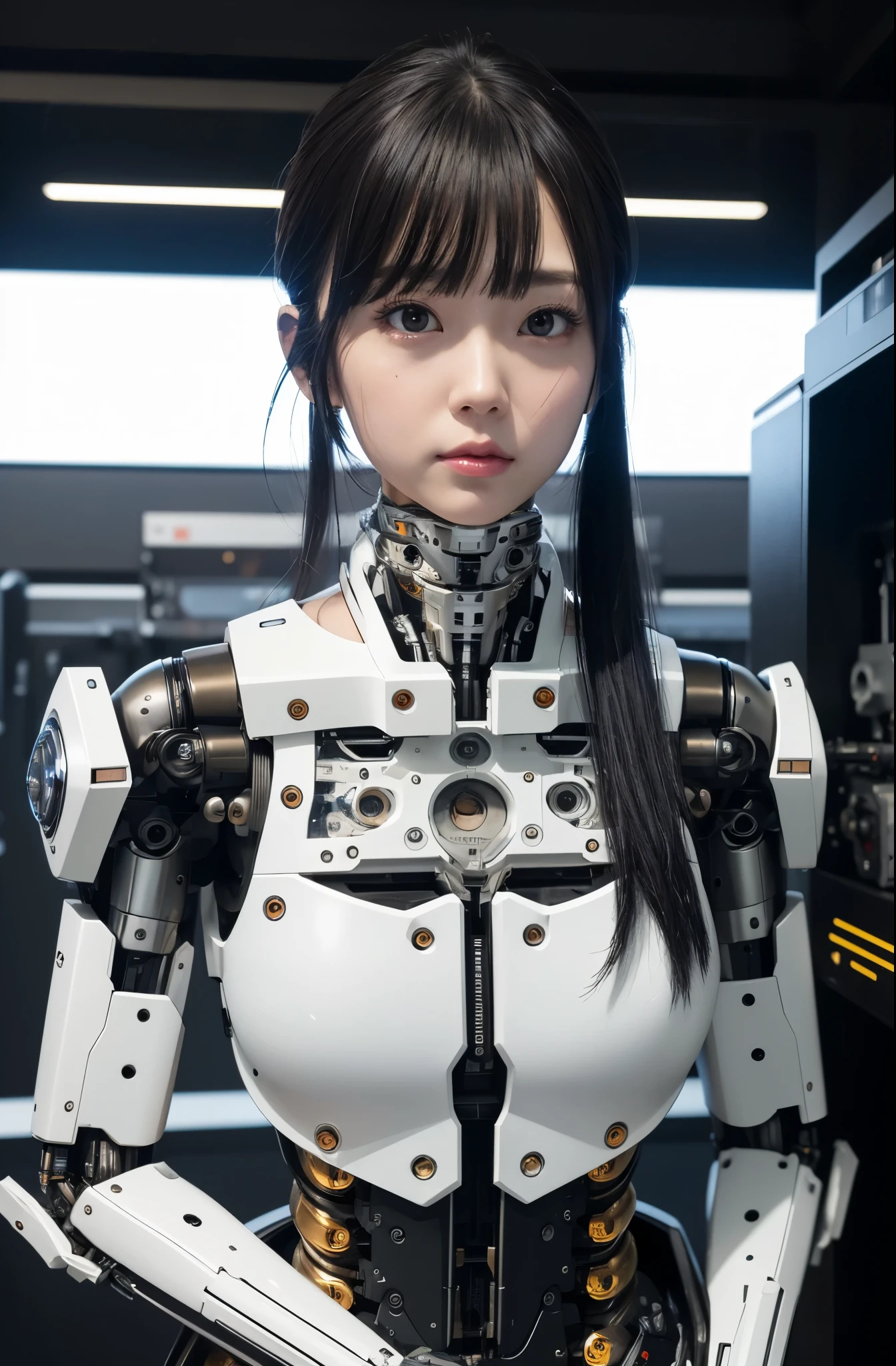 masterpiece, best quality, extremely detailed, Japaese android girl,portrait,Plump,a bit chubby,control panels,android,Droid,Mechanical Hand, Robot arms and legs,Blunt bangs,perfect robot girl,long tube,thick cable connected her neck,android,robot,humanoid,cyborg,future laboratory,robot laboratory,maintenance,connecting a cable between the legs,skirt, She is charging now,blue eyes,