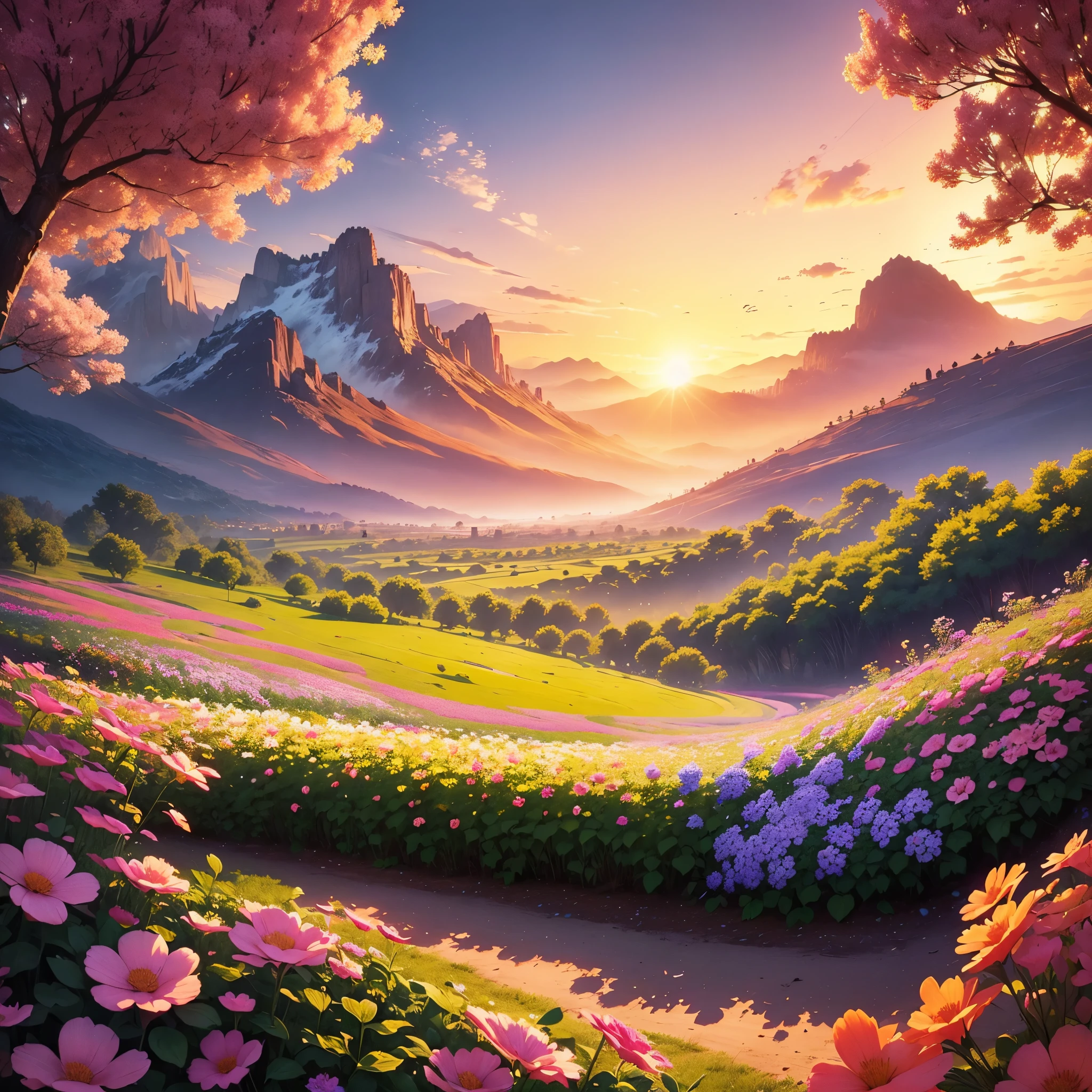 A painting of a beautiful mountain landscape with flowers and trees ...