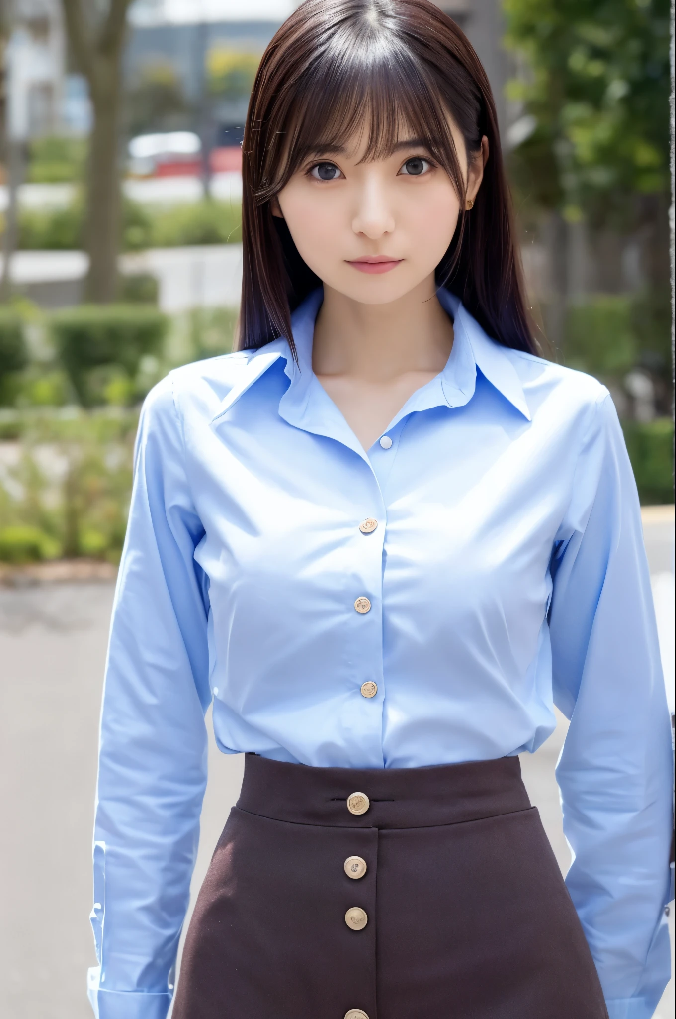 A skinny Japanese lady, 30 years old, Bright eyes, detailed eyes, cute face, detailed face, Cool feeling, (pencil skirt, button-up shirt, classic pumps), small breasts, very thin waist,