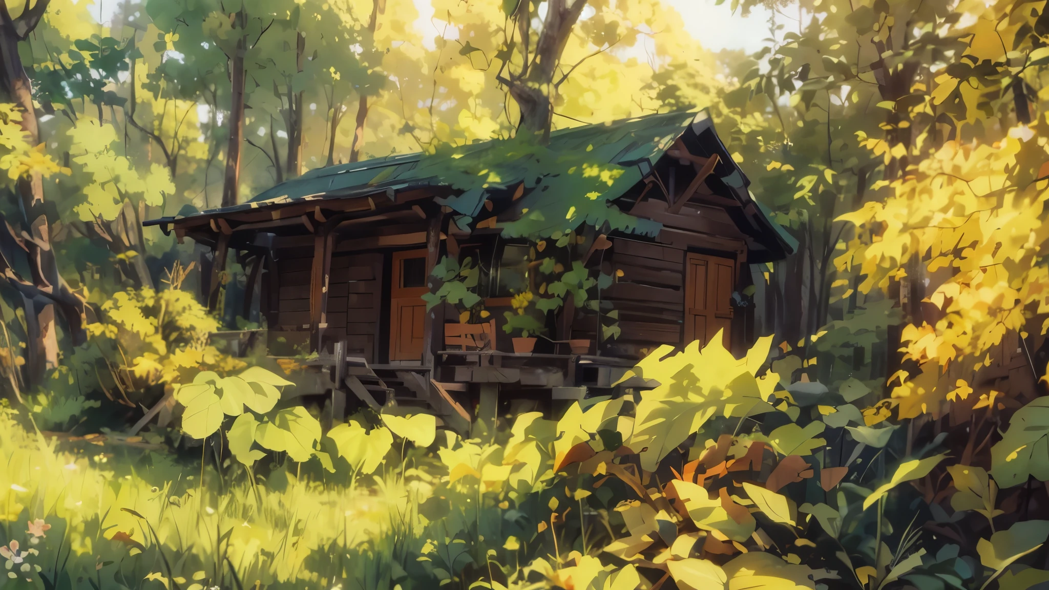 a wooden house, amidst of nature fully covered, anime style art, High quality, 8k, ultra detailed art, 2d art