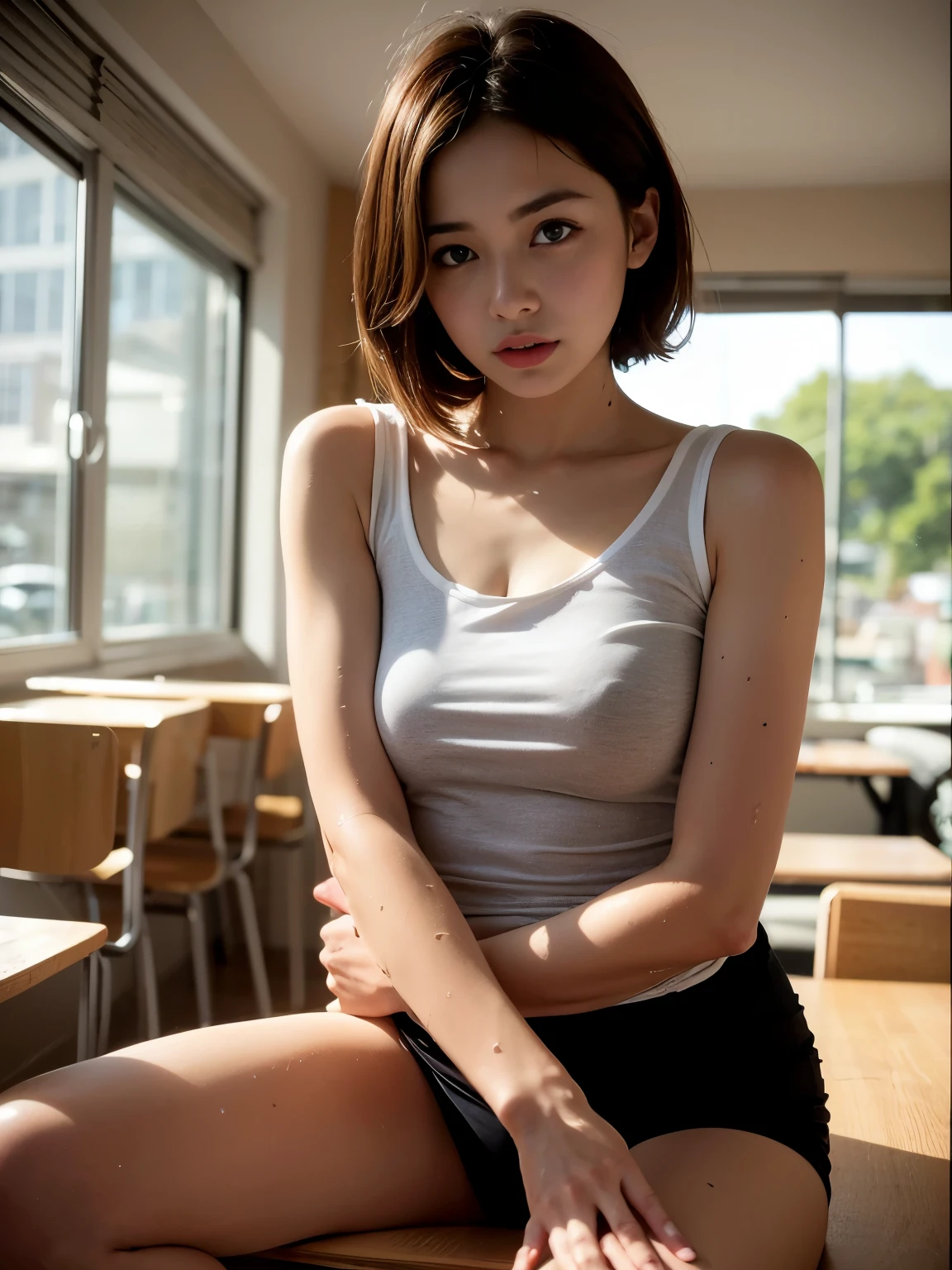 ((top quality, 8K, table top: 1.3, RAW photo)), sharp focus: 1.2, (1 Aespa Girl: 1.2), (realistic, realistic: 1.37), (face focus: 1.1), cute face, small breasts, flat chest, messy short hair, (Wet black shirt: 1.1), panties, wet body, beautiful woman sitting by the office room at sunset, spread your legs, sunlight, movie lighting