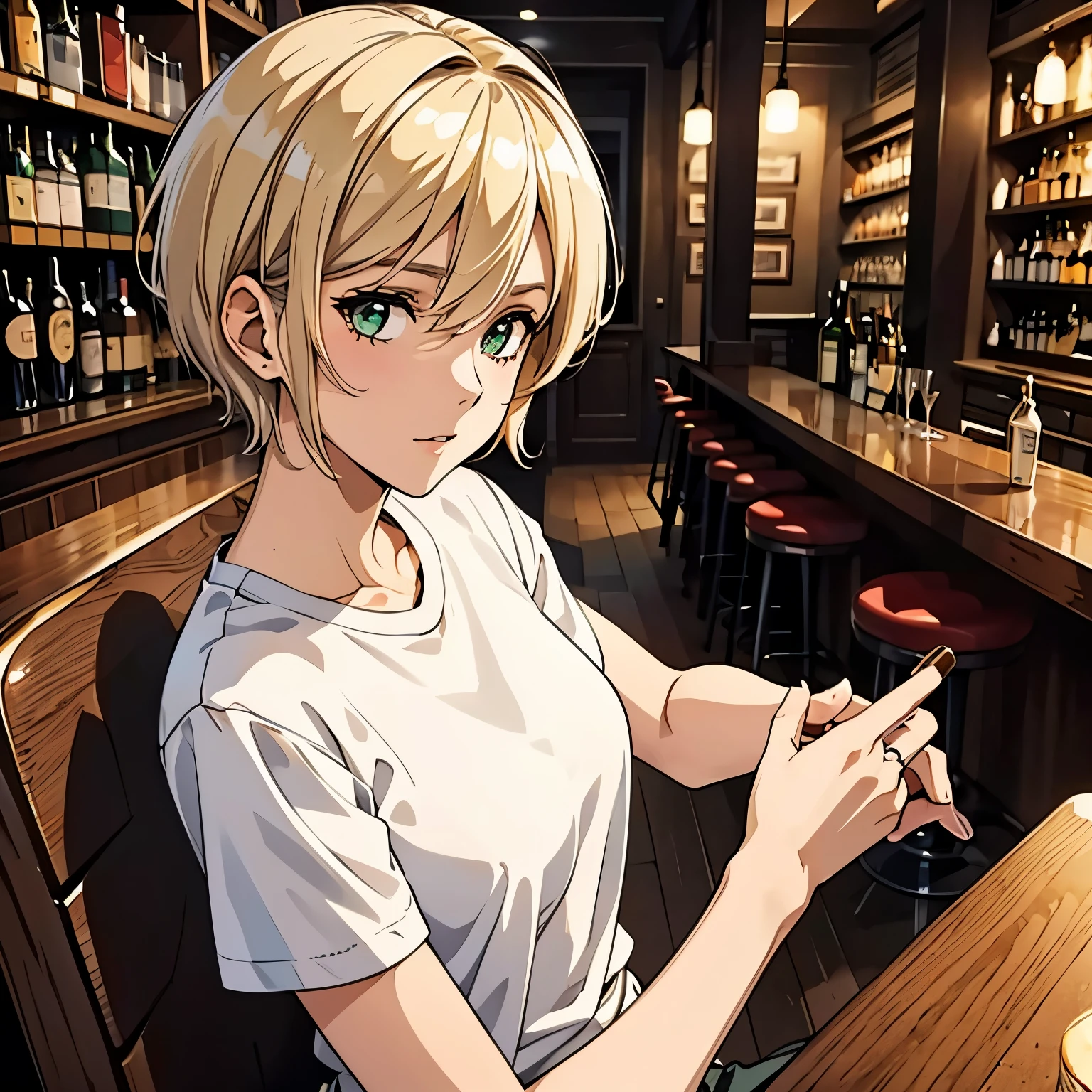 German ,upper class cute type beautiful woman who has lost him spouse by death and has not remarried. tinged with sadness,36 years old, Blonde,wolf cut,short hair,green eyes, anime style,a face with darkness in its heart, ring on left hand ring finger,1960,widow,she own a bar as a hobby,T-shirt and cargo pants, The background is the bar's liquor cabinet,Smokeing a cigar