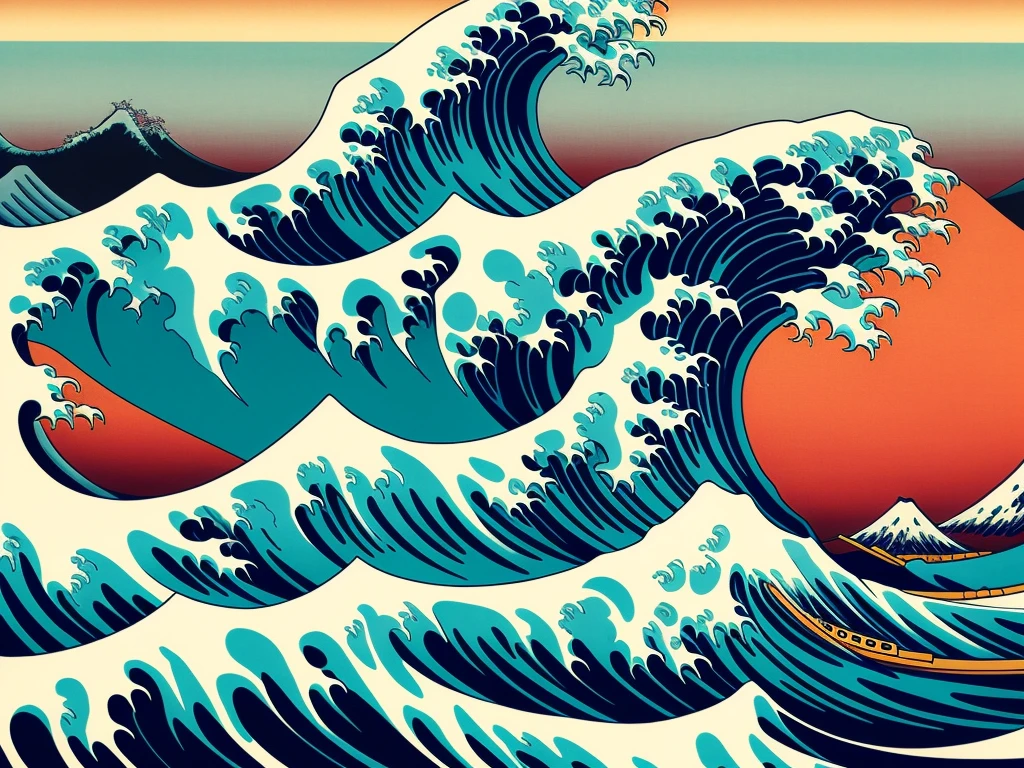 A stunning Fuji mountain scene with big waves, reminiscent of Hokusai's Ukiyoe style, comes alive in vibrant colors. The iconic Japanese landscape, known for its majestic beauty and powerful waves, is depicted with meticulous attention to detail in this high-definition image. Observe the intricate patterns of the waves as they crash against the rugged shoreline, and feel the energy and power of nature as it comes alive in this colorful, Hokusai-inspired masterpiece. 8K Ukiyoe art.