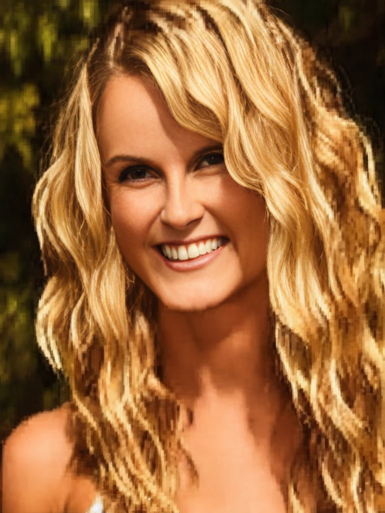 best quality, masterpiece, portrait, 1girl, 25 years, (medium wavy blonde hair:1.3), perfect face, (brown eyes:1.2), smiling, tall, (slim body:1.2),