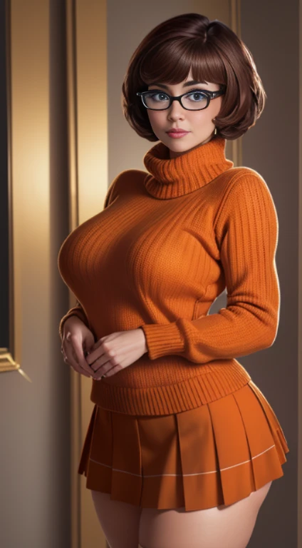 front view, standing, sexy Velma from Scooby Doo with big  and square glasses wearing a tight orange turtleneck sweater revealing, naughty, slutty, cleavage, in a haunted house, athletic and fit body, naughty, perfect hands, detailed hands, perfect eyes, detailed eyes,  flirty, sexy, naughty, large perky , realistic, HDR, UHD, dynamic, ((showing vagina))