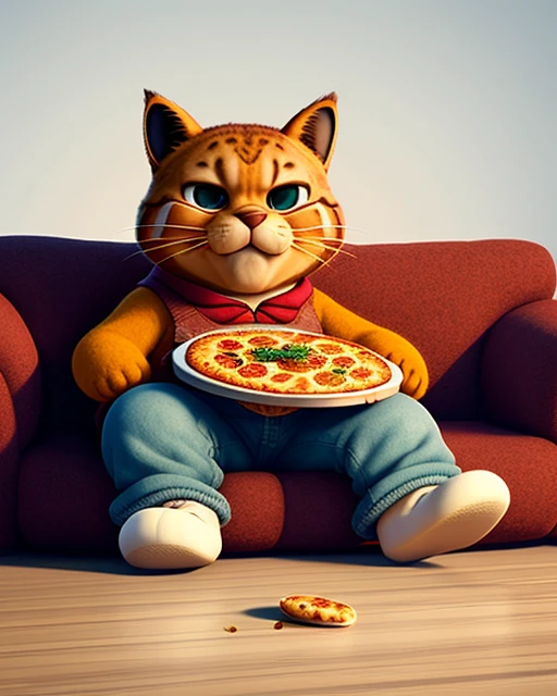 incantations：
whole body，Garfield is built like a ball ，Sitting on a single soft sofa and watching TV，The fat body sunk into the soft sofa，holding pizza in hand，3d，cute，wool felt style，8k