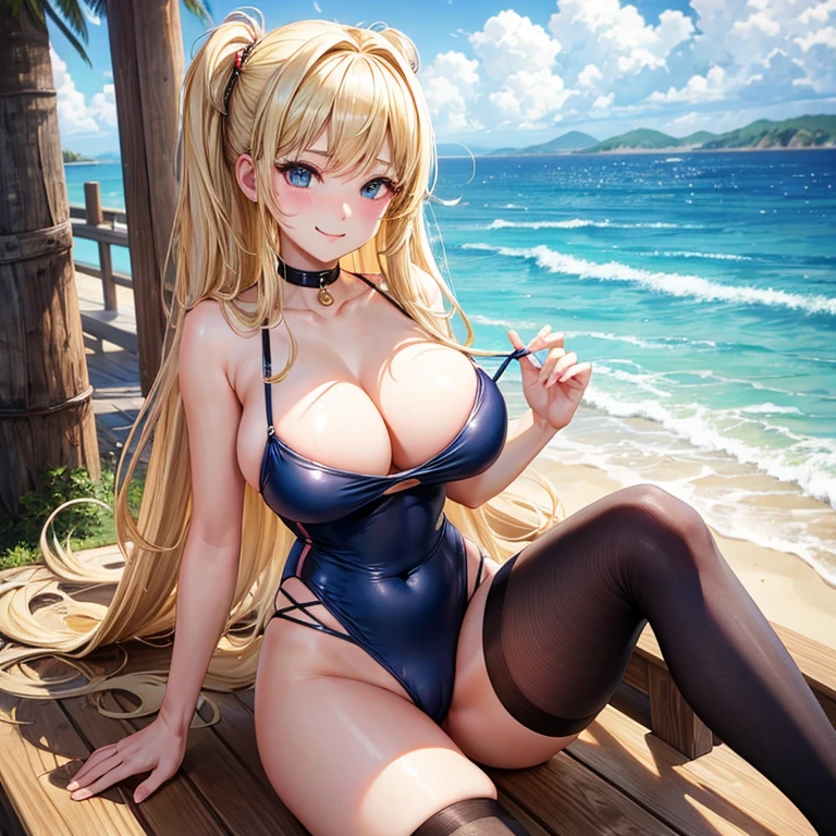 highest quality, masterpiece, blonde、gal、female brat、big breasts、tits、swimsuit、exposed、Slut、smug face、make noise、sandy beach、crowd