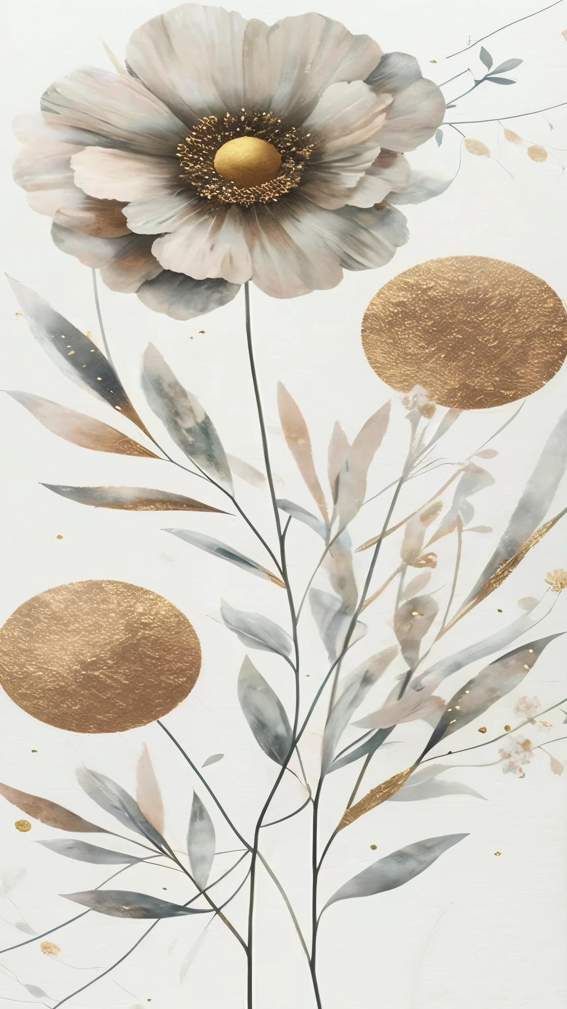 une peinture d'une fleur avec un centre golden et quelques feuilles, touches de feuille d'or, fleurs d'or, Fleurs chaotiques de Gold leaf, Touch of gold leaf, gold-flake flowers, golden. Floral, Gold leaf, fleurs et or, wallpaper aesthetics, marbre et touche d'or, art du papier peint, Art designer, détails goldens, Art artistique tendance, fond botanique