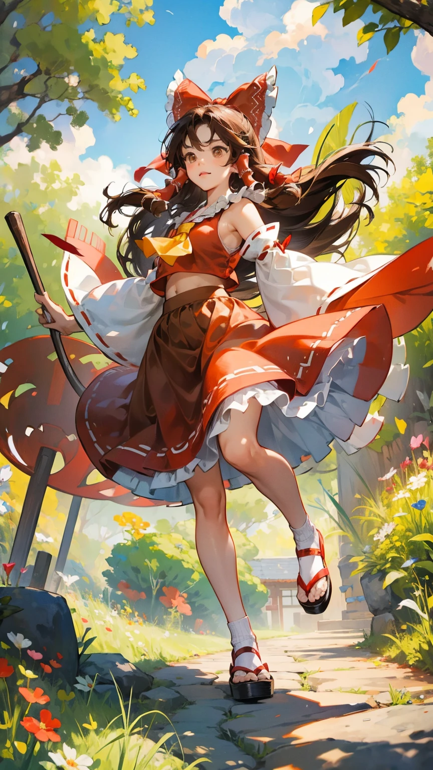 reimu hakurei, (brown eyes:1.5), brown hair, bow, hair bow, hair tubes, long hair, red bow, sidelocks, ascot, bare shoulders, black footwear, detached sleeves, embellished costume, frills, japanese clothes, nontraditional miko, red skirt, sandals, sarashi, skirt, socks, white sleeves, white socks, wide sleeves, yellow ascot, zouri, sexy micro red skirt