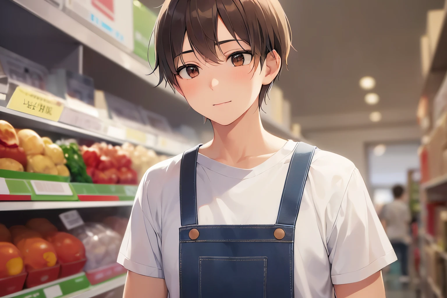 Raising hand, (looking away:1.5), masterpiece、high quality、(25 year old brown eyed man with short brown hair:1.5)、wearing a white T-shirt、wearing a blue apron、smile, blush, Supermarket background、working, Alone、bold composition