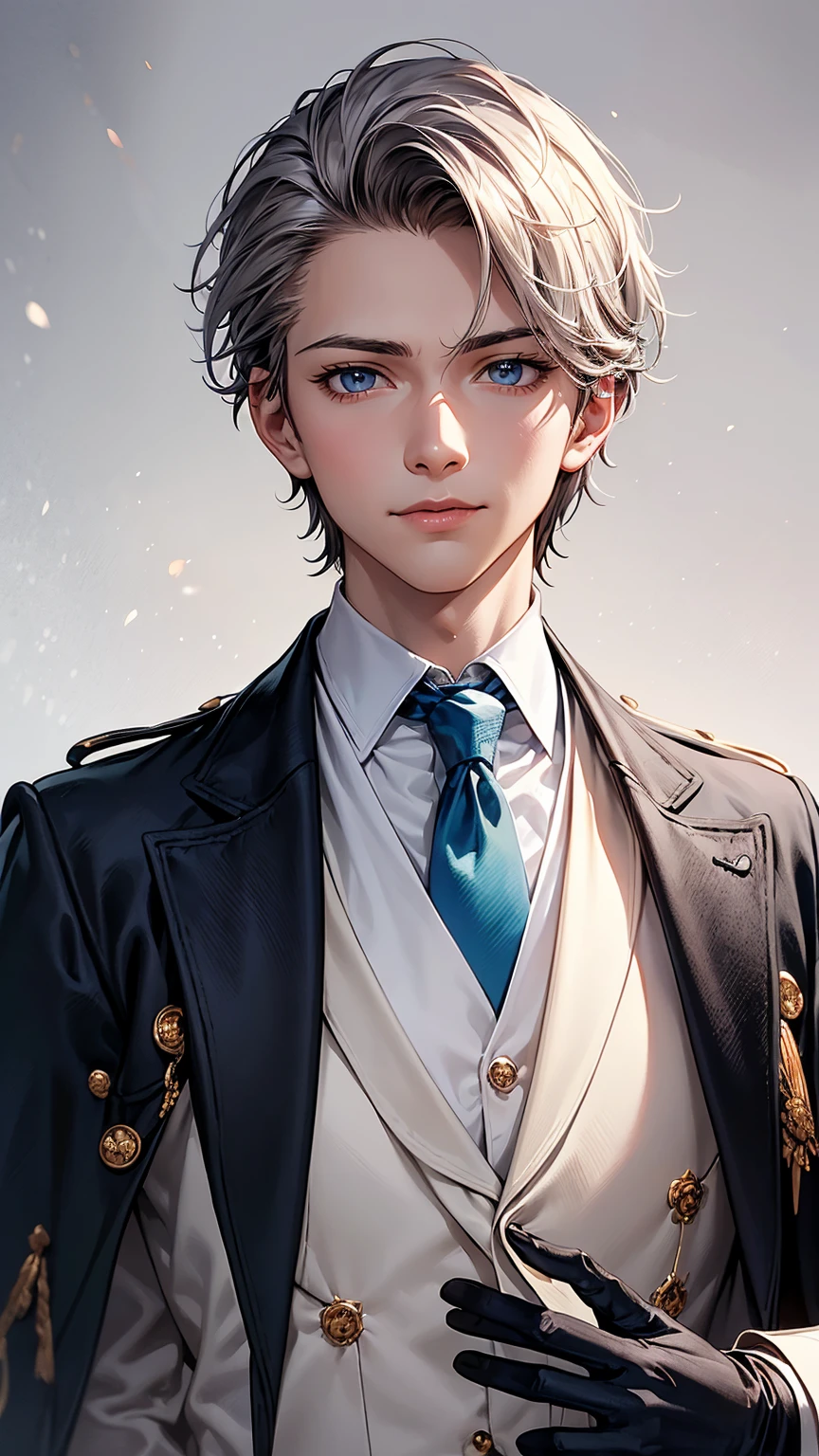 ung man,solo, male photo,look at viewer,confident smile, silver hair, ((short hair)), ((short sideburns)),light blue eyes, slant eyes,anatomically correct,blue ribbon tie,((black gloves)),((white cloak)),black suit,beautiful flowers on background,best quality, high quality,masterpiece, 8K 