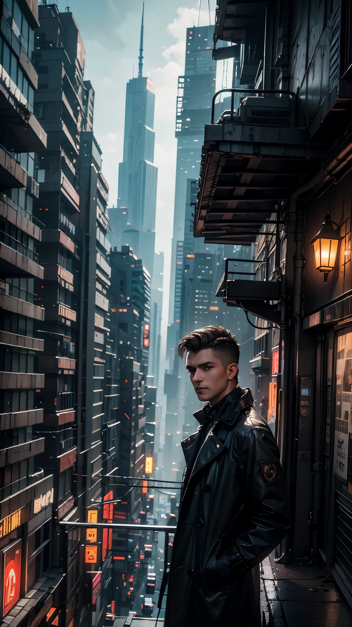 A man, 45 years old, brown eyes, black hair, shaved on the sides, combed back, unshaven, wearing a dark trench coat with the collars turned up. Hands in his pockets, He is leaning against the parapet of a building, He is on top of a building watching the skyline at night of the cyberpunk city below in the background. Background futuristic cyberpunk make it realistic, Blade Runner, 8k, ultra hd