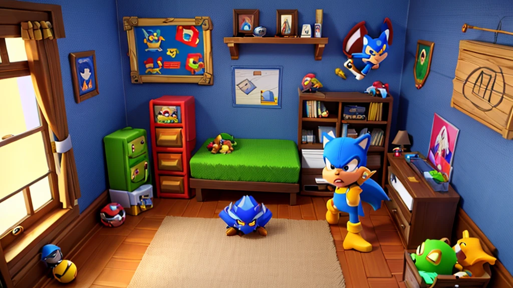 an old bedroom, nostalgic, with game references scattered and organized around the room, koopas, zelda sword, pokemon, borderlands, palworld, overwatch, dark souls mimic, sonic