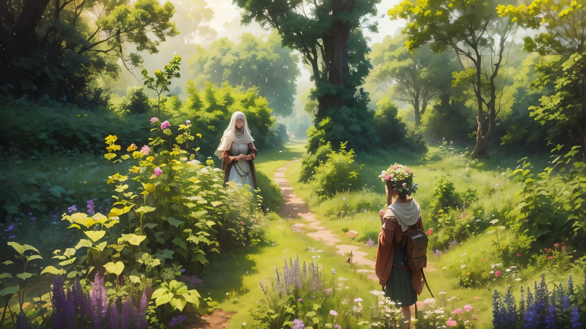 there is a woman standing in a field of plants, villagers busy farming, amidst of nature fully covered, dense with greenery, anime style art, High quality, 8k, ultra detailed art, 2d art