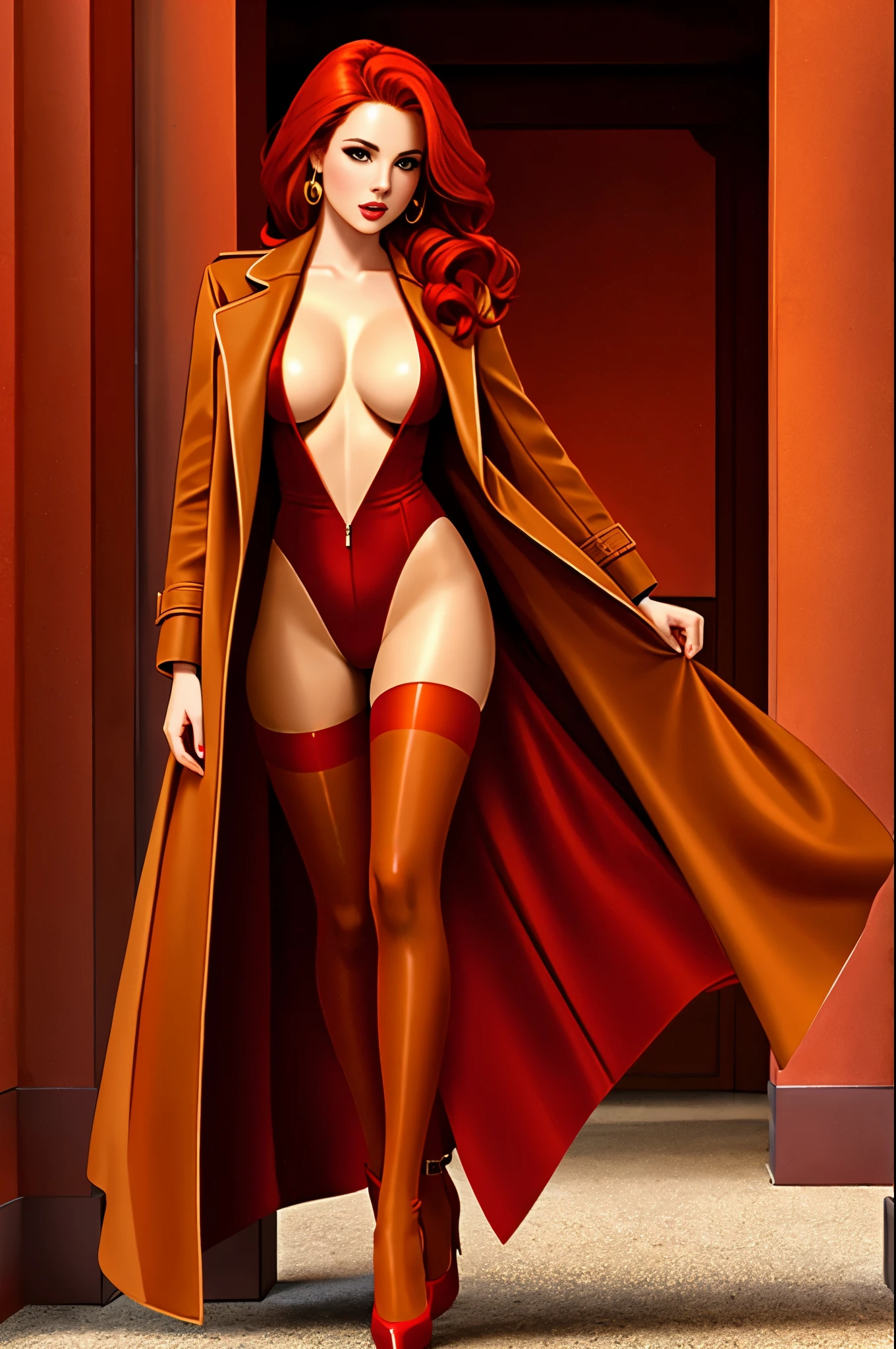 gorgeous woman wearing a tan coat and red lingerie, luxurious red hair, full body shot