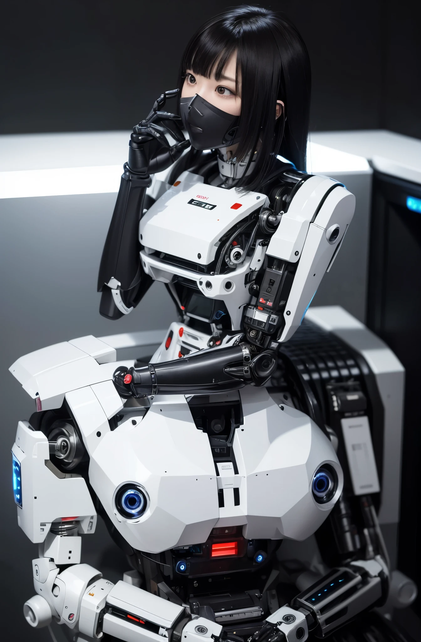 masterpiece, best quality, extremely detailed,  Japaese Cyborg girl,Plump , control panels,android,Droid,Mechanical Hand, Robot arms and legs, Black Robot Parts,Black hair,Mechanical body,Blunt bangs,White robotics parts,perfect robot girl,long tube,thick cable connected her neck,ceramic body ,mechanical body, mechanical ear cover, mechanical costume,android,robot,humanoid,cyborg,japanese android woman ,mechanical chest,full eyes,future laboratory,connecting a cable between the legs,