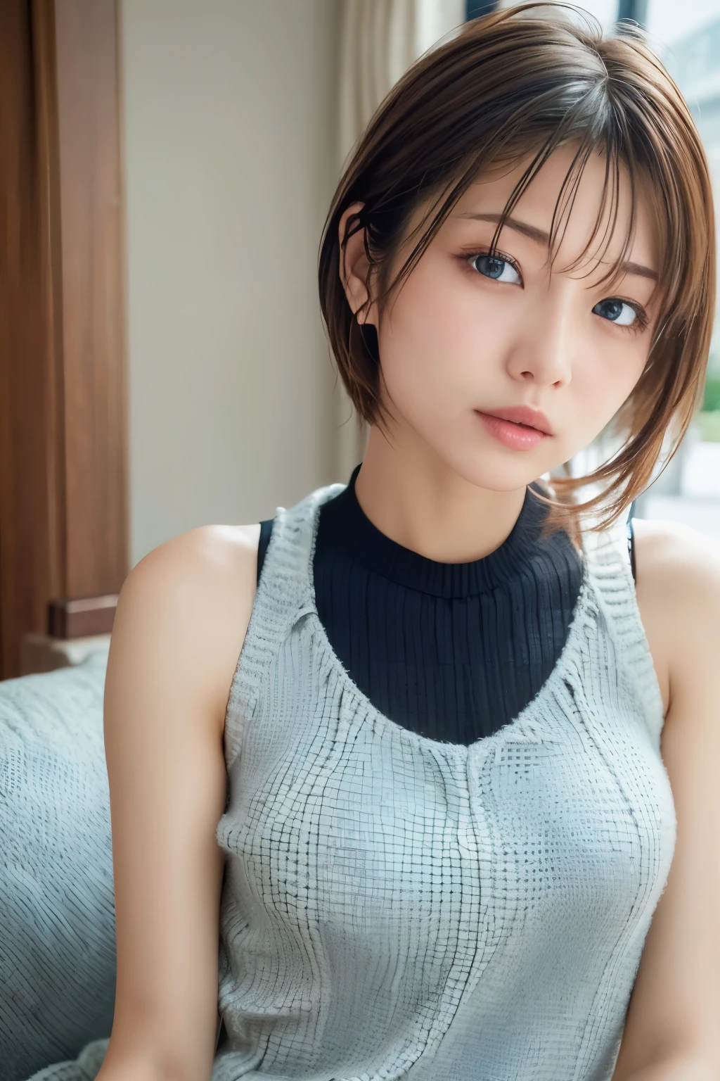 (masterpiece:1.3), high resolution, ultra detailed, extremely detailed CG unity 8k wallpaper, realistic, photo-realistic, RAW photo, beautiful detailed face, pale skin, realistic glistening skin, detailed cloth texture, detailed hair texture, Perfect body, Beautiful Face, accurate, Anatomically correct, Highly detailed face and skin texture, natural neck length, (beautiful hands),
BREAK,
Detailed eyes, symmetric eyes, Light Brown eyes, Double eyelids, Thin eyebrows, (Sexy Lips:1.3), (Glossy lips:1.4),
BREAK,
(Classy and Cute girl:1.3), ((wearing a sleeveless high neck halter neck white knitted dress:1.3)), (firm breast, nicely shaped breasts, slender figure:1.1), firm abs, (A face with waiting for a kiss:1.2), (smile:1.1), (blonde hair, Multicolor short hair, ((swept bangs:1.2)),
BREAK,
(Sitting opposite with Drinking cold drink in the stylish cafe:1.2), (Focus on face:1.2), (Cowboy shot), looking at viewer, (from front:0.65),