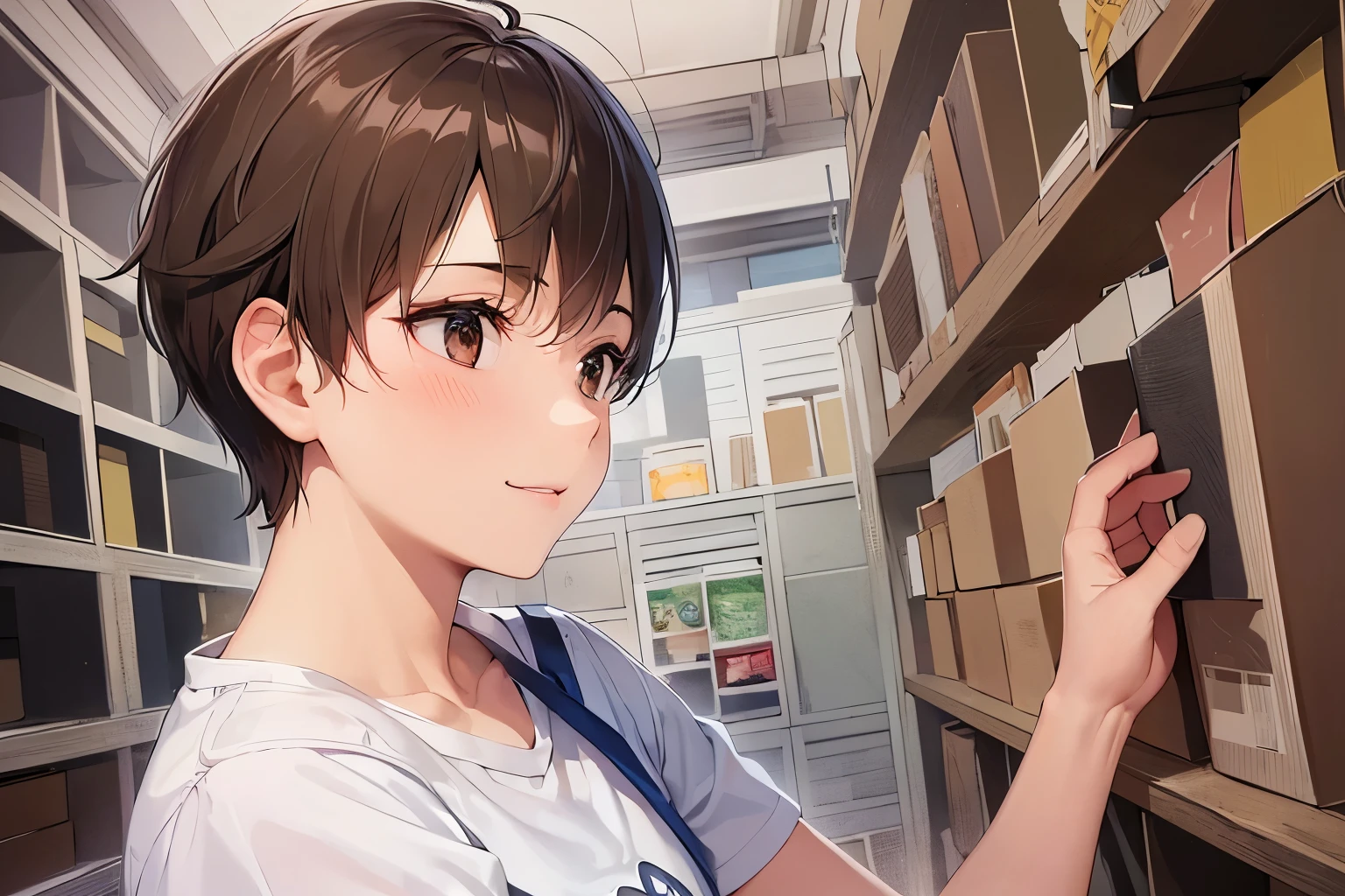 Wearing a blue apron