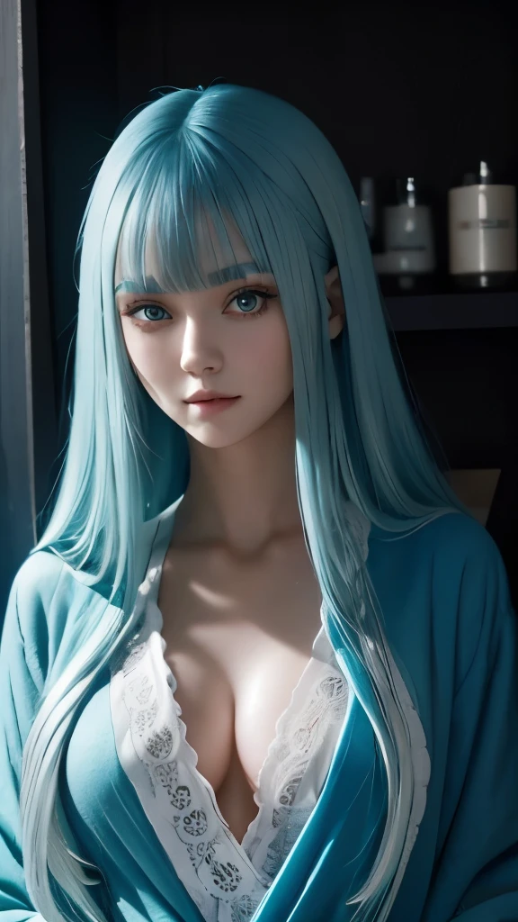 full body shot. a ultra real full body shot photo of 22 years old woman, little smile, green eyes. Long blue hair, open bathrobe, At the background a ultra close up macro details, ultra contrast, of ultra dark decor. Intricate details of her beautiful eyes and perfect face. The most beautiful girl.