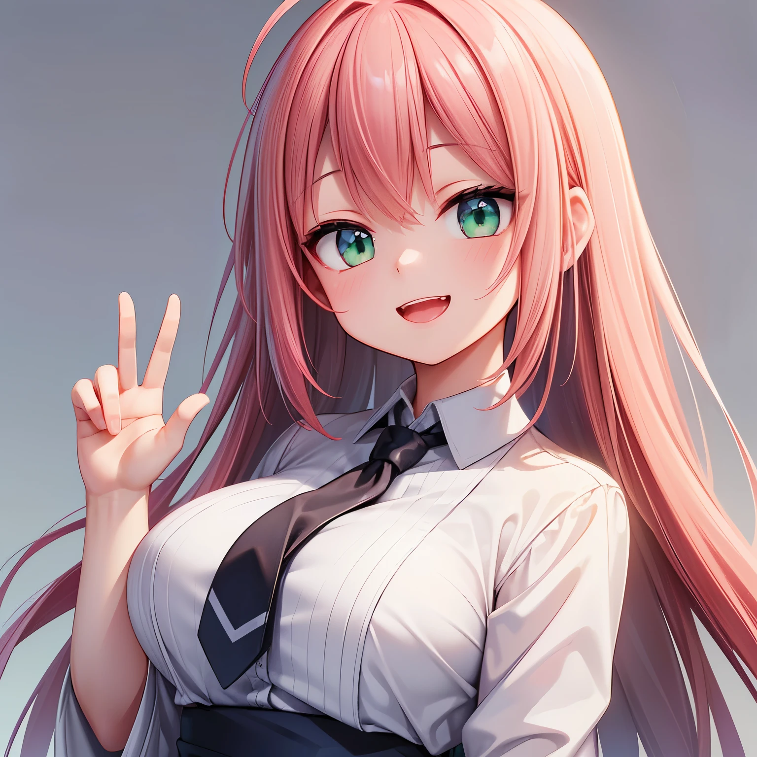 (masterpiece,best quality,detailed,8k,hires:1.3),realistic,portrait,(head to chest),(gray background),dynamic lighting,1girl,(solo),Japanese girl,16yo,colossal breasts,ultra cute girl,bloom,glowing,detailed face and eyes,very pretty face,(green eyes),big eyes,tareme,(ahoge),bangs,pink hair,long hair,white shirt,navy blue tie,(laugh:1.4),(smile:1.4),(open mouth:1.2),looks happy,(one hand up,detailed hand and finger,better hand,perfect hand and finger),(waving hand:1.4),