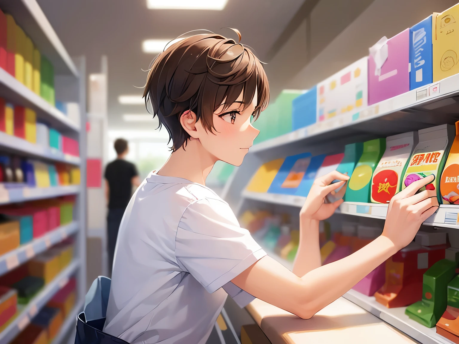 side angle, Raising hand, (looking away:1.5), masterpiece、high quality、(25 year old brown eyed man with short brown hair:1.5)、wearing a white T-shirt、wearing a blue apron、smile, blush, Supermarket background、working, Alone、bold composition