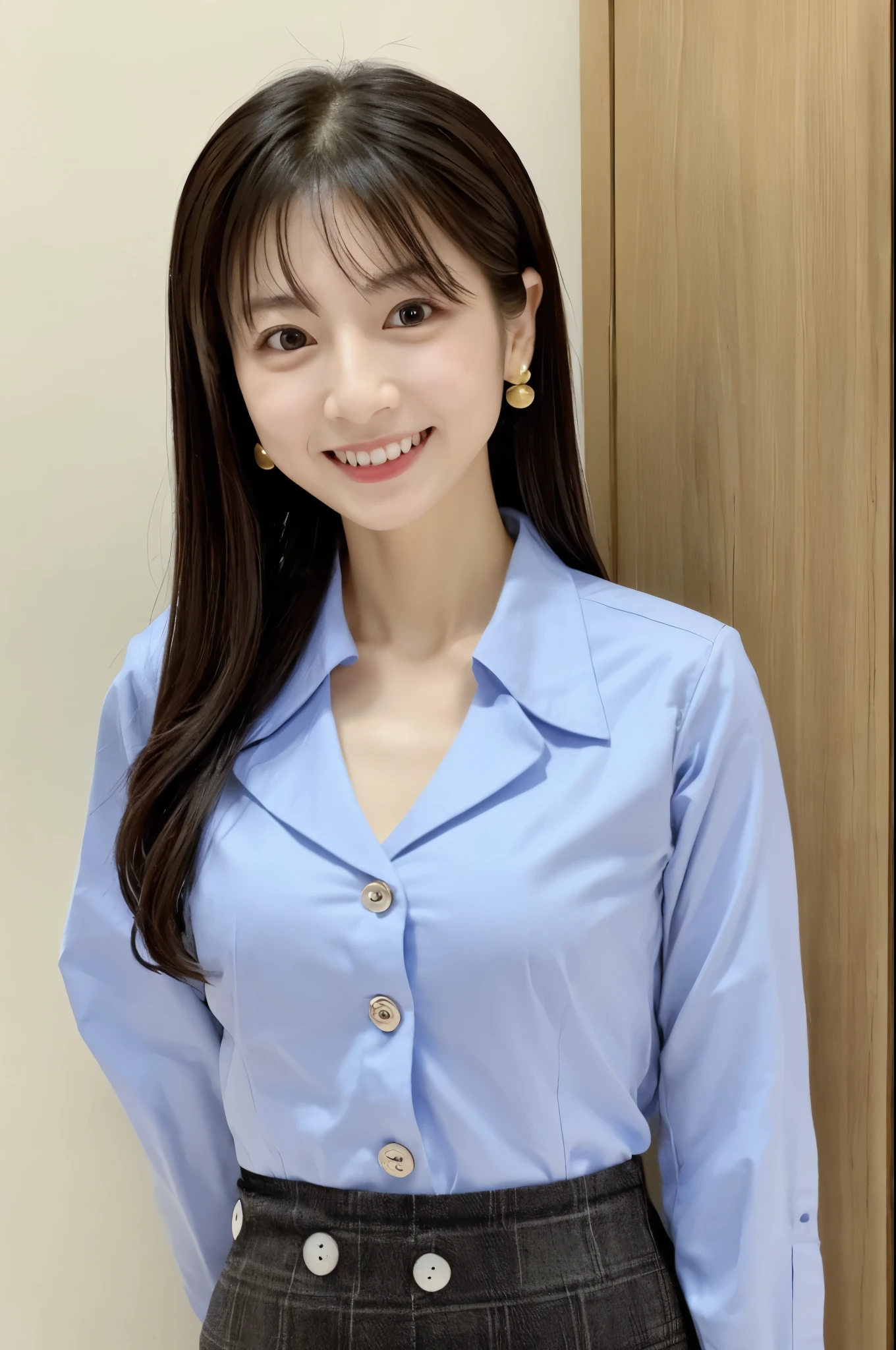 A skinny Japanese lady, 30 years old, Bright eyes, detailed eyes, cute face, smile, detailed face, (pencil skirt, button-up shirt), small breasts, very thin waist, alone in a photo