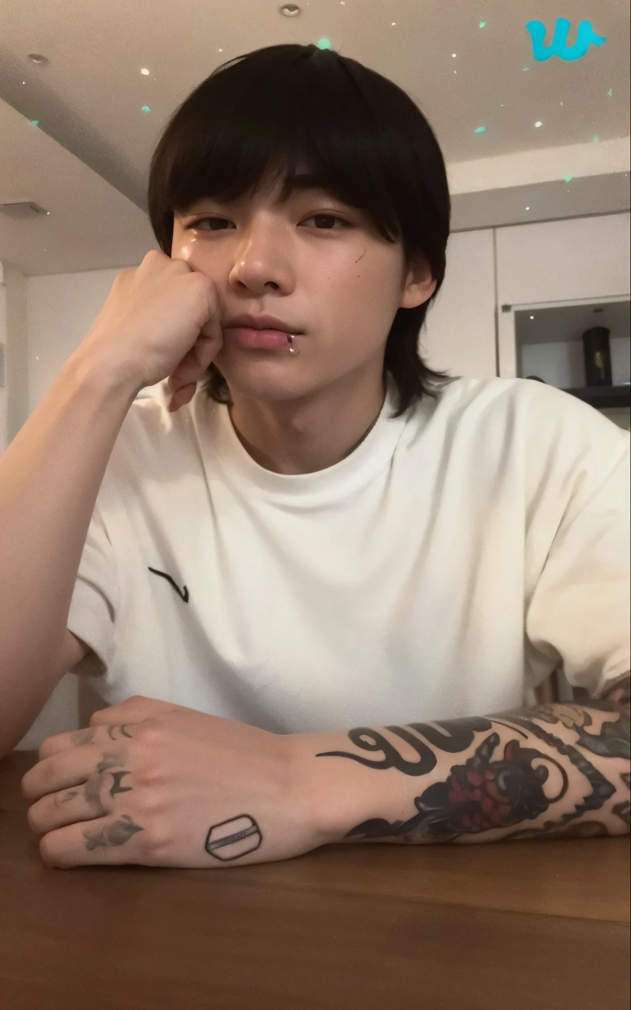 Hay un hombre con un tatuaje en el brazo sentado en una mesa, jungkook, cai xukun, kim doyoung, TaeJune Kim, 1 7--old with a thin face, hyung tae, pintar ulzzang, Jinyoung Shin, taehyung comiendo papas fritas gucci, delicate androgynous prince, parque jimin, foto de perfil, xqc, handsome japanese demon boy