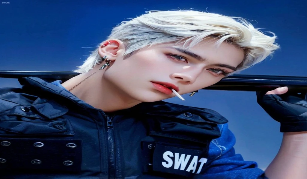 a close up of a person with a baseball bat on a field, headshot profile picture, inspired by ricky zerobaseone, profile shot, white hair, sharp eye, red lips