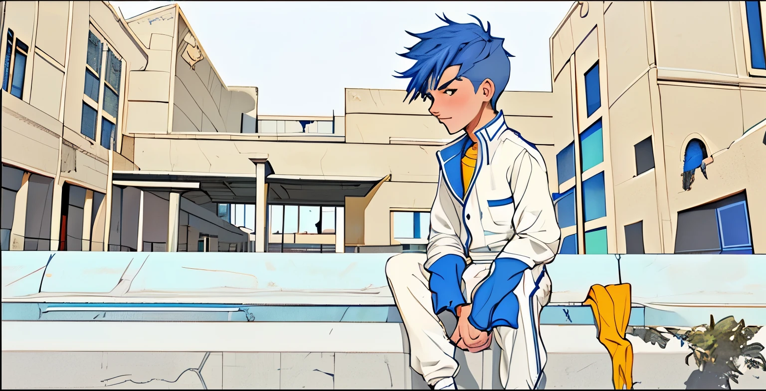 16-year-old handsome boy is talking to his friend at school, his clothes are blue, en el fondo se ven esculturas del antiguo egipto