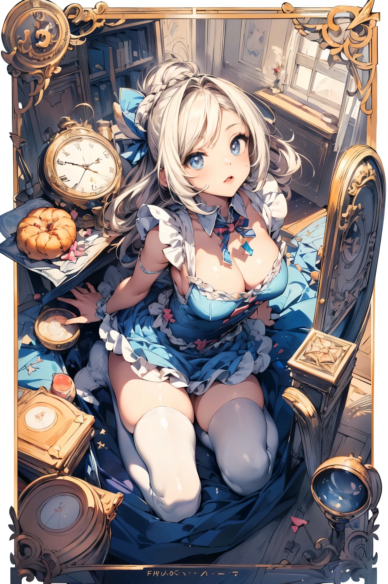 (master piece, high-quality, Mystical, Beautifully Aesthetic, ideal ratio of body proportions, image art, Impresionism), (ultra high resolution, 8K RAW photo, photo realistics, natural lighting, textile shading), (1 cute girl:1.3, solo:1.5, milf:1.1, nsfw:1.25, full bodiEsbian), (Fractal), shinny skin, ((alice in the wonderland:1.2, a girl floating in air:1.35, surprising, little opening mouth:1.3, putting a hands on crotch over the skirt:1.2)), ((PlayingCards, Trump, tea cup, tea pot, tea spoons, pocket watch:1.3, big mirror, lip sticks, candies, cookies, jam bottles, keys,)), cuty anime white rabbit, ((NavyBlue dress :1.5, a fluttering flair skirt, White Apron, white stockings)), (medium long platinum-blonde, tied hair with a ribbon), (Blue eyes, bright pupils with highlights, detailed eyes), (lying down on your back:1.2, leaning forward:1.2, spreading legs with rising up legs:1.3), ((dutch angle:1.5, full body:1.3, crotch focus, from below:1.2)), cinematic image board, Exotic wallpapers, colorful image, fantastic art, fantasy images:1.5, ((correct anatomy:1.5, perfect anatomy:1.3, correct hand)),