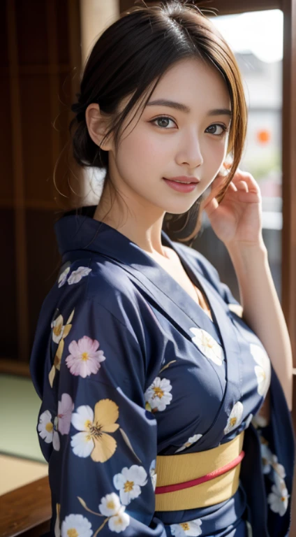 (table top, highest quality:1.4), beautiful face, 8K, 85mm, absurd, (floral pattern yukata:1.4), close up of face, Biolace, gardenia, delicate girl, alone, night, looking at the viewer, Upper body, film grain, chromatic aberration, sharp focus, face light, professional lighting, Sophisticated, (smile:0.4), (simple background, background bokeh:1.2), face,Background of the fireworks display、smile, cute, youth, cute face, realistic face, light brown eyes、delicate eyes, 垂れ目highest quality, , (blurred background), ), (with no people in the background:1.3、beautiful japanese woman、Popular idols in Japan、Nogizaka、well-shaped chest、big breasts、beautiful light brown hair
