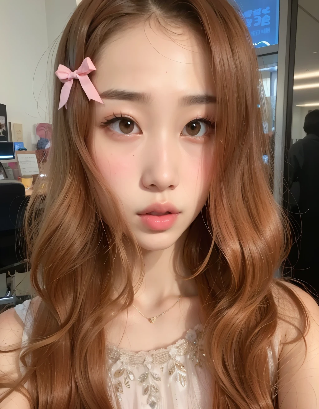 A closeup of a woman with a pink bow on her head, Ulzzang, Jinyoung Shin, maquiagem coreana popular, maquiagem sul-coreana popular, jaeyeon nam, adorable and pale korean face, o corte Hime, Lalisa Manobal, sakimichan, jossi do blackpink, Sun Yunjoo, Yanjun Chengt, taejune kim