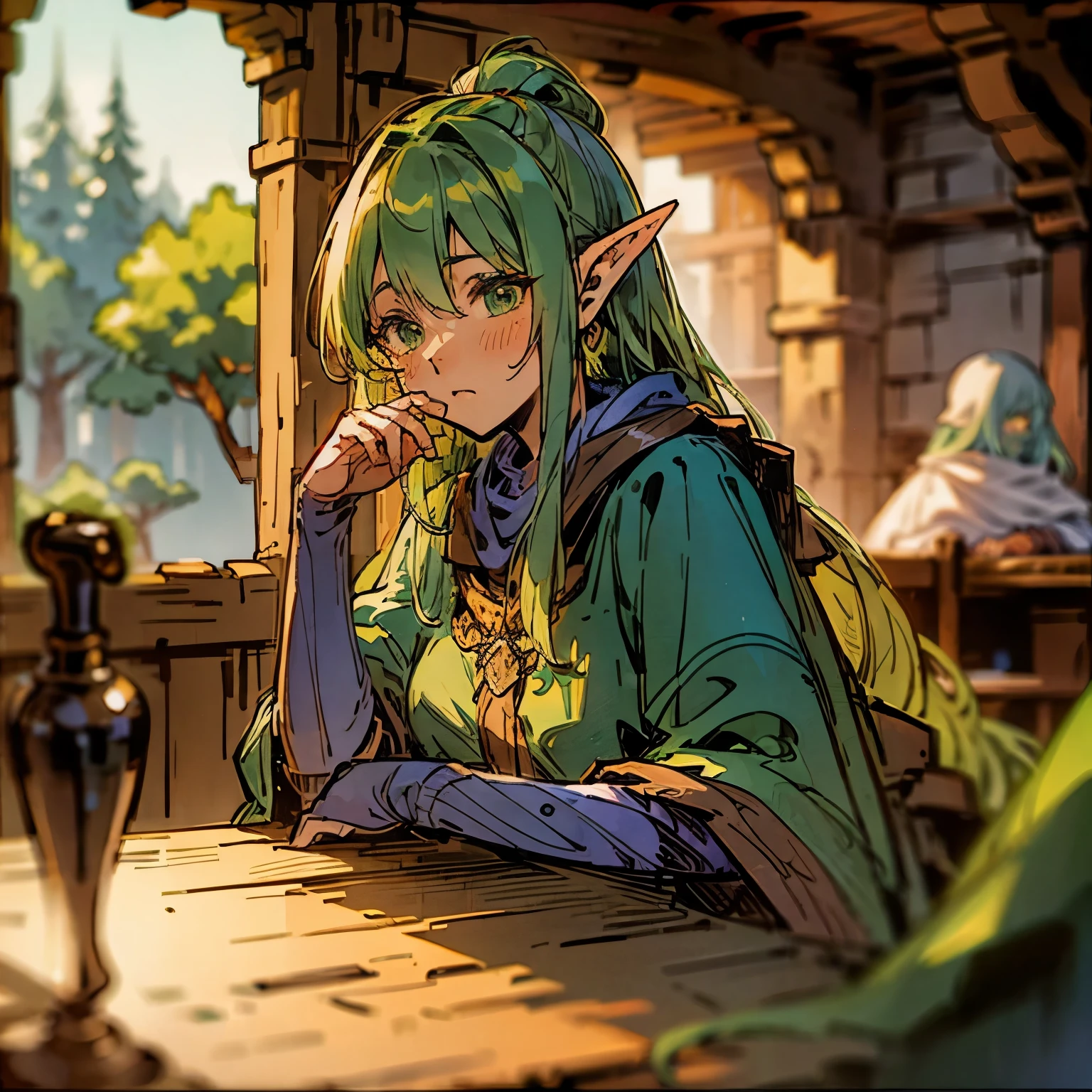 (Very detailed, blurry background) Inside of a cozy tavern, wooden table, people in background, shy elven mage with green hair, straight hair, talking to you
