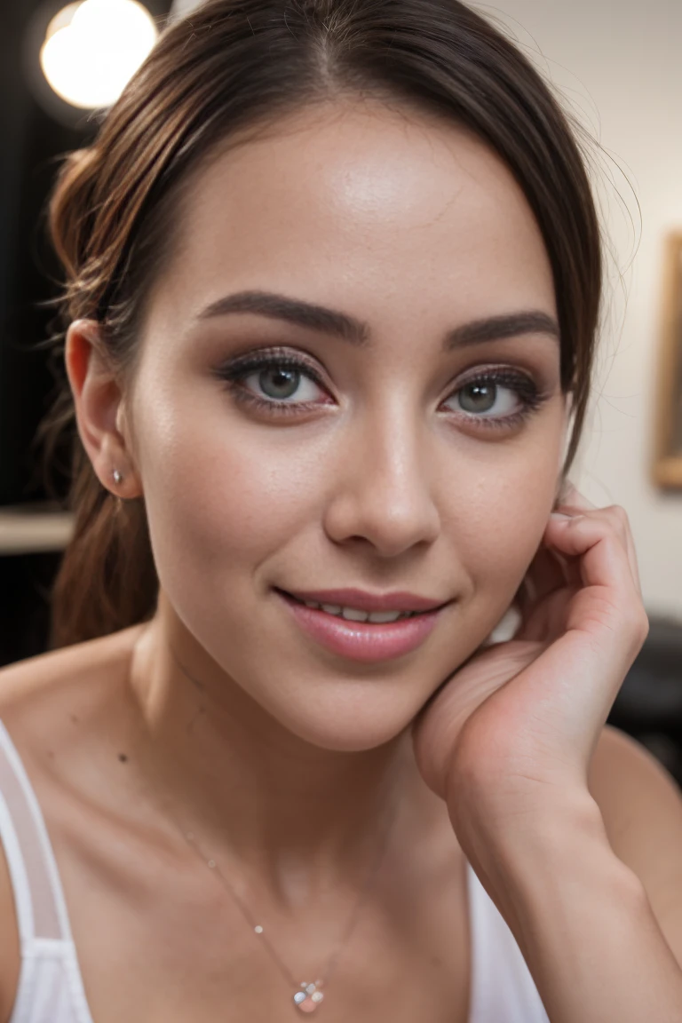 (best quality, 4k, 8k, highres, masterpiece:1.2), ultra-detailed, (realistic, photorealistic, photo-realistic:1.37), nude woman, full body, detailed face and hand, beautiful detailed eyes, cute smile, trendy instagram influencer, wearing a see through clear plastic top, studio lighting