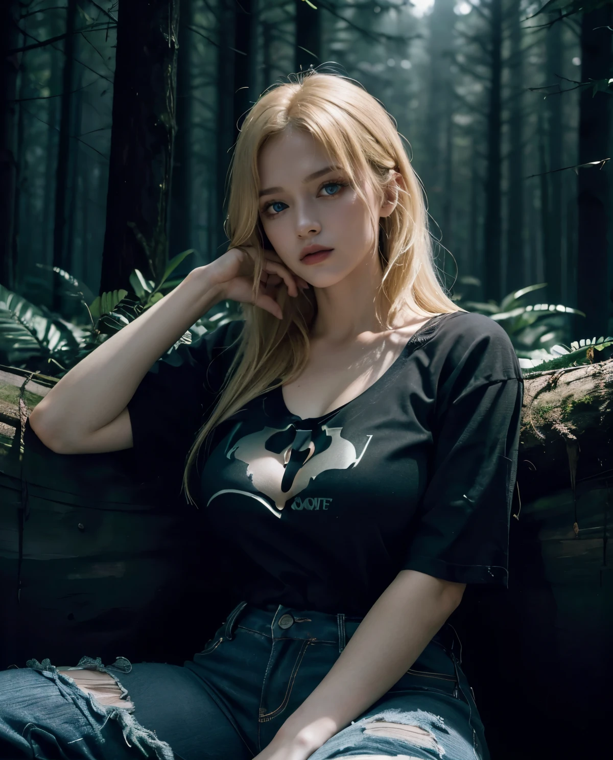 1girl, Blue eyes, (serious face), (in a dark and dense dark forest at night :1.4), gothic horror vibes, (Sana Minatozaki), wide hips, Big , big ass, (Best Quality, 8k, Masterpiece: 1.3), perfect hands, Clear Focus: 1.2, Perfect Body Beauty: 1.4, Highly detailed face and skin texture, detailed eyes, double eyelids, (blonde long hair :1.2), (black cleavage t-shirt), (jeans), sitting on a log, Dense weather, ((dark theme :1.3)), (in the dark), (fog), dark background