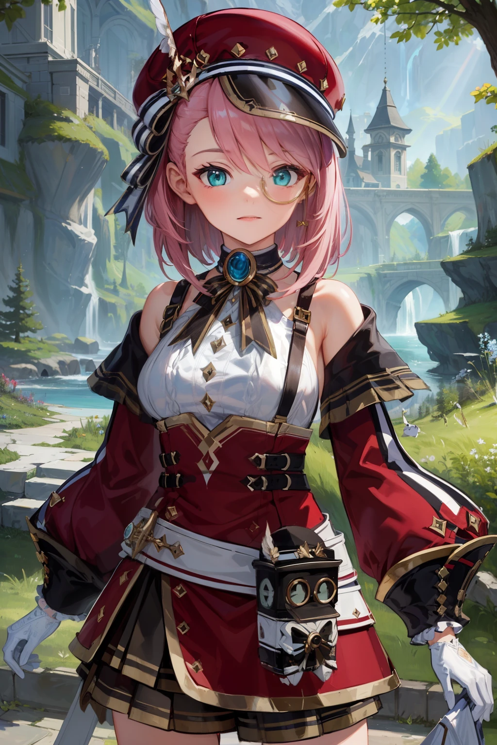 (masterpiece:1.3), (absurdres:1.3), (best quality:1.3), (ultra-detailed:1.3), 1girl, charlotteid, pink hair, hat, gloves, monocle, bare shoulders, green eyes, long sleeves, short hair, detached sleeves, skirt,  upper body, looking at viewer, forest, magical tree, sunlight, light ray,  