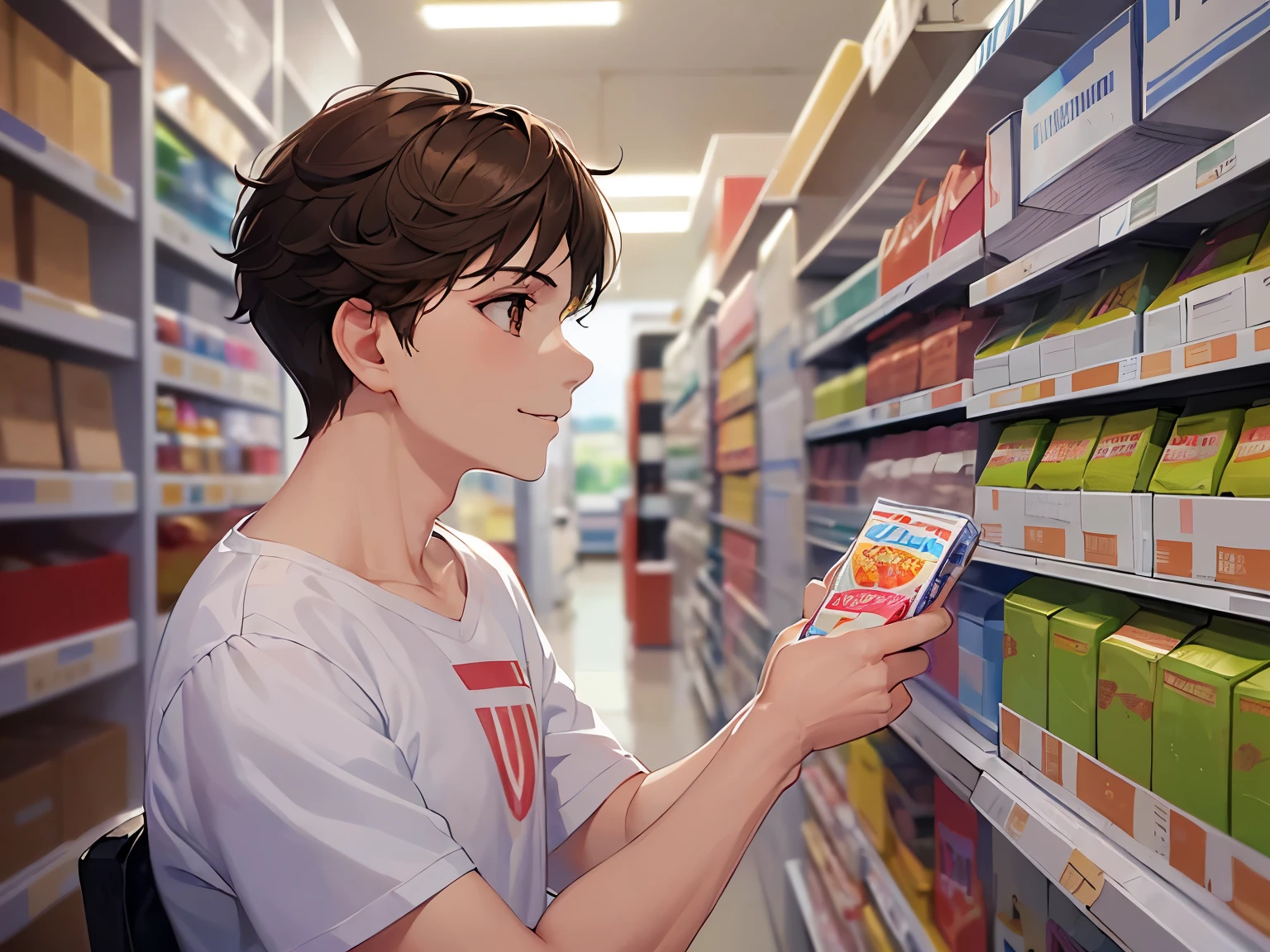side angle, Raising hand, (looking away:1.5), masterpiece、high quality、(25 year old man with short brown hair and brown eyes:1.5)、white t-shirt、Blue apron、smile, Supermarket background、working, Alone、bold composition