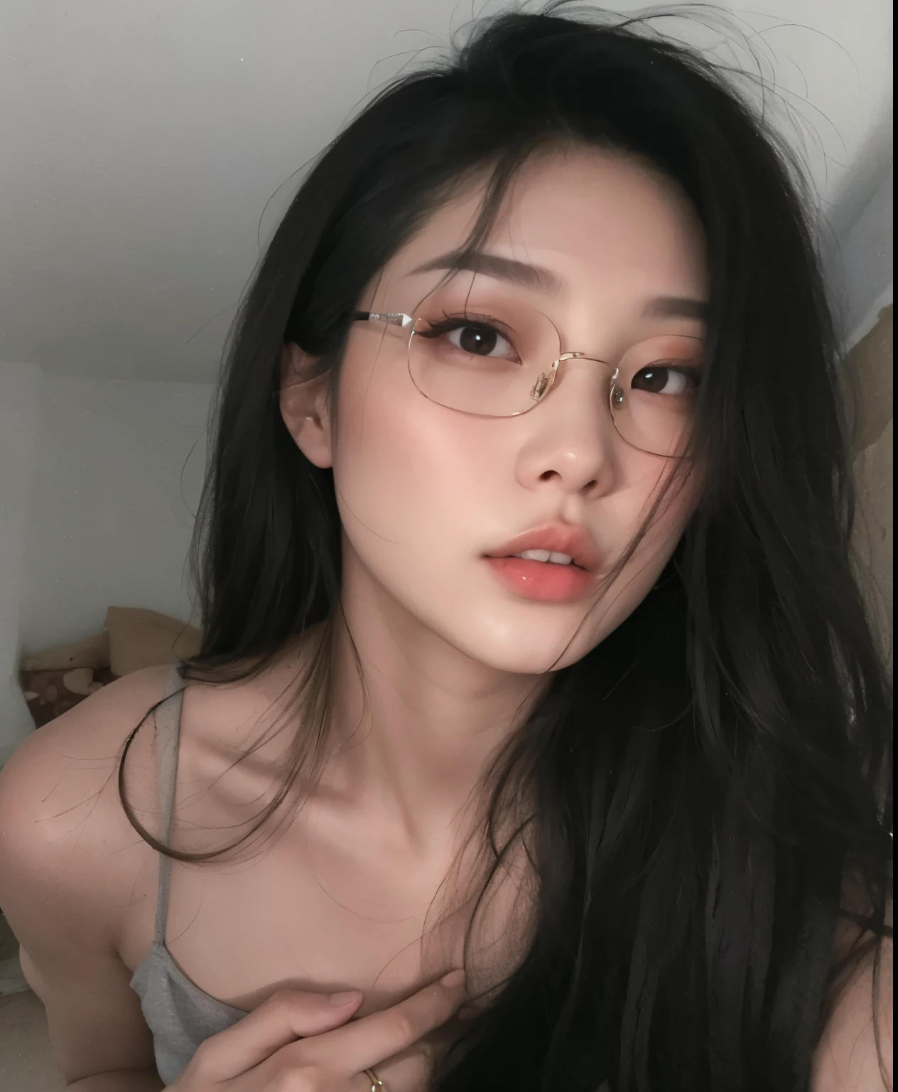 there is a woman with glasses sitting on a bed with her head resting on her hand, 18 anos, 1 6 anos, With eye Glasses, 21 anos, 2 2 anos, 1 8 I, 19-year-old girl, qualidade muito baixa, ela tem cerca de 2 0 anos, ela tem cerca de 20 anos, imagem de perfil
