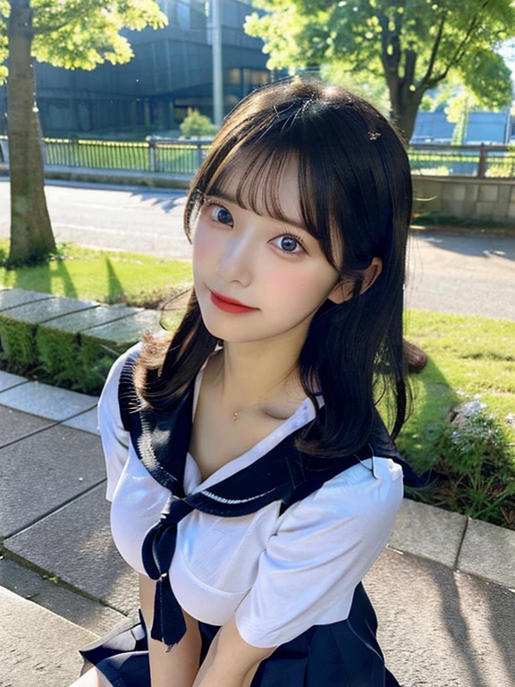((masterpiece)), (realistic: 1.2) masterpiece, 最high quality, high quality,High resolution,white skin,perfect body, 最high quality, ultra detail,big breasts,show your skin,show cleavage, mature,beautiful, black hair, long hair, With bangs,school uniform,over knee socks,upward glance,glowing skin,Bewitching,thighs,feet, very detailed, parted lips