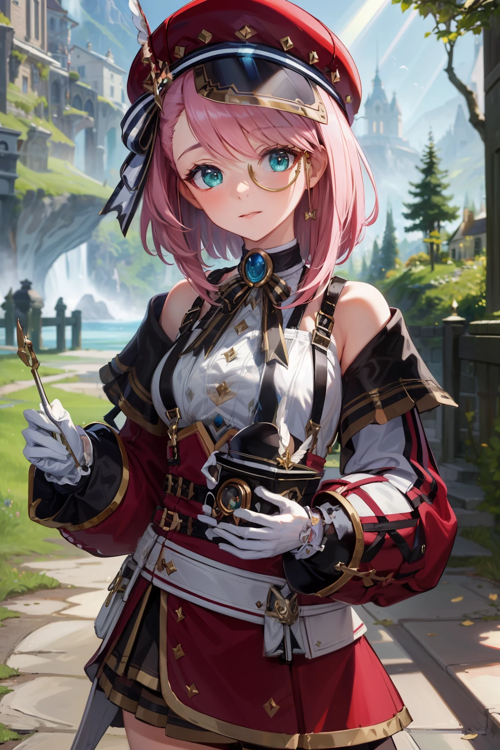 (masterpiece:1.3), (absurdres:1.3), (best quality:1.3), (ultra-detailed:1.3), 1girl, charlotteid, pink hair, hat, gloves, monocle, bare shoulders, green eyes, long sleeves, short hair, detached sleeves, skirt,  upper body, looking at viewer, forest, magical tree, sunlight, light ray,  