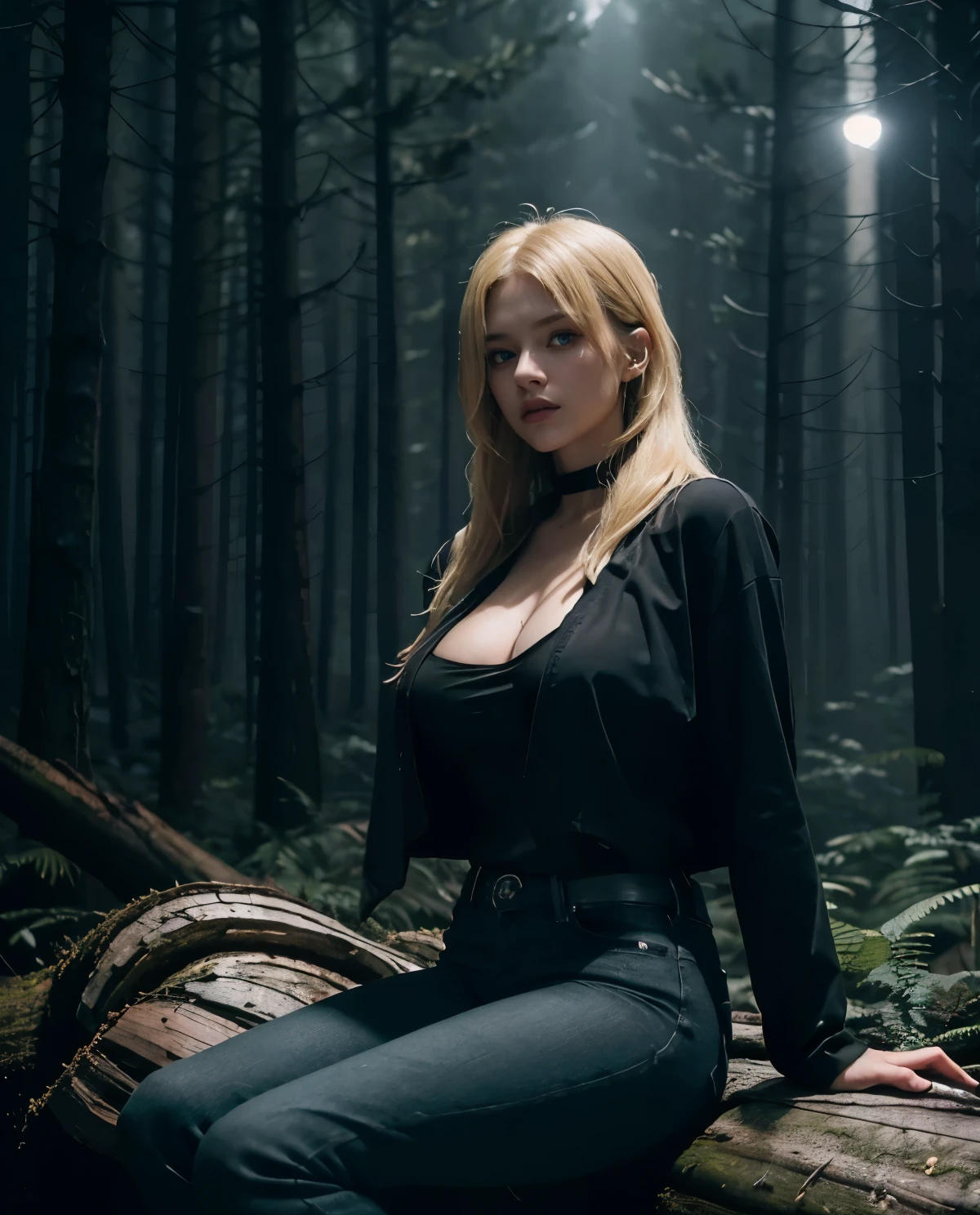 1girl, Blue eyes, (serious face), (in a dark and dense dark forest at night :1.4), gothic horror vibes, (Sana Minatozaki), wide hips, Big , big ass, (Best Quality, 8k, Masterpiece: 1.3), perfect hands, Clear Focus: 1.2, Perfect Body Beauty: 1.4, Highly detailed face and skin texture, detailed eyes, double eyelids, (blonde long hair :1.2), (black cleavage t-shirt), (jeans), sitting on a log, Dense weather, ((dark theme :1.3)), (in the dark), (fog), dark background
