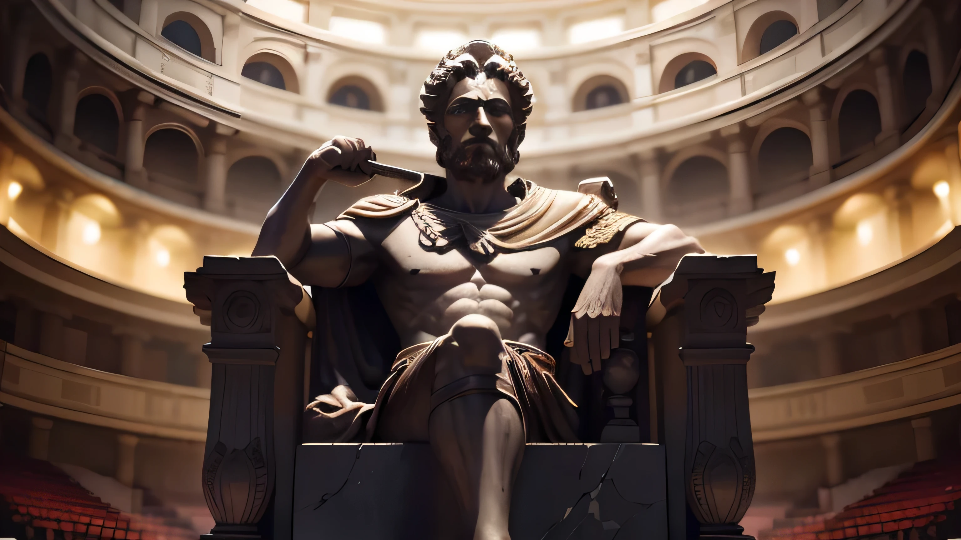 Arafed statue of a man sitting on a throne in a building, escultura realista de Bernini 8k, estilo de arte classicismo, stoic pose, stoic, godlike and stoic, inspired by Caesar Andrade Faini, detailed rendering of unreal engine 5, detailed cinematic rendering, Feito no Unreal Engine 5, Imperador Romano, 3D Octane Escultura Render 8K