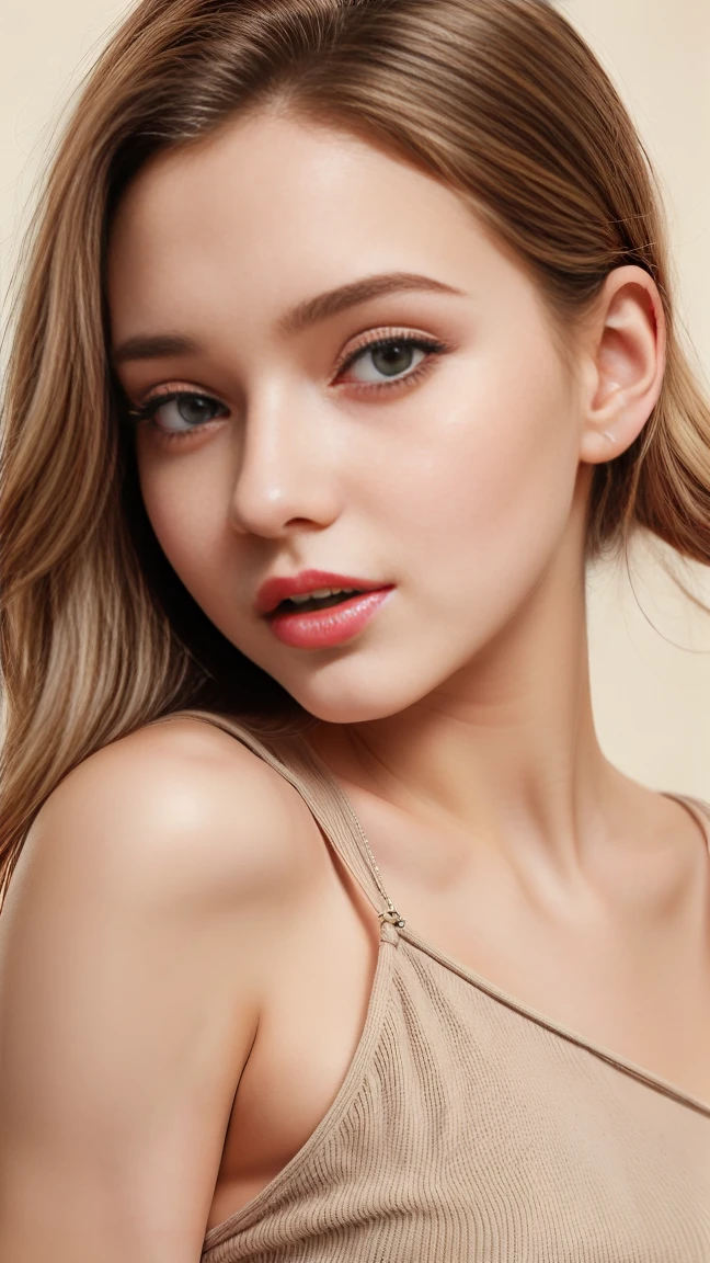 Beautiful girl 23 years old in cute pink pajamas with teddy bear designs, beautiful blue eyes, perfect body