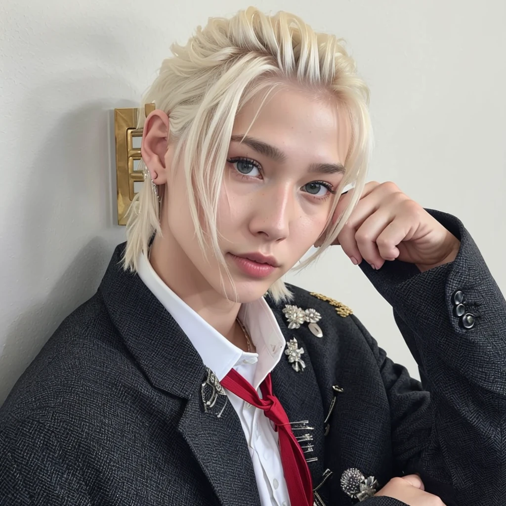 hombre rubia con corbata roja y chaqueta negra., cai xukun, kim doyoung, xqc, an epic non-binary model, beautiful androgynous prince, delicate androgynous prince, Jung Jaehyun, handsome japanese demon boy, sakimichan, retrato de jossi de blackpink, con el pelo largo y blanco, Lee Felix