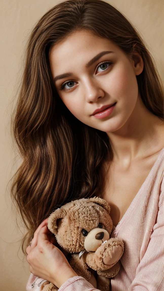 (high quality:1.2,photorealistic),beautiful detailed eyes,beautiful detailed lips,extremely detailed face, longeyelashes, (soft, silky) hair, glowing skin, (charming, radiant) smile, (expressive, sparkling) blue eyes, (flawless, perfect) complexion, (youthful, fresh) appearance, (slim, graceful) figure, (elegant, charming) posture, (relaxed, comfortable) in cute pink pajamas with teddy bear designs, (adorable, cute) pink slippers, surrounded by a soft and warm atmosphere. The room is decorated with dreamy lights and filled with a cozy ambiance. The girl holds a large teddy bear in her arms, showing her affection and love for the toy. The artwork is created with (oil paints, acrylics) on a canvas, capturing the girl's beauty and innocence in a realistic and captivating manner. The colors are vibrant, with shades of pink, blue, and white dominating the palette. The lighting accentuates the girl's features, adding depth and dimension to the painting.