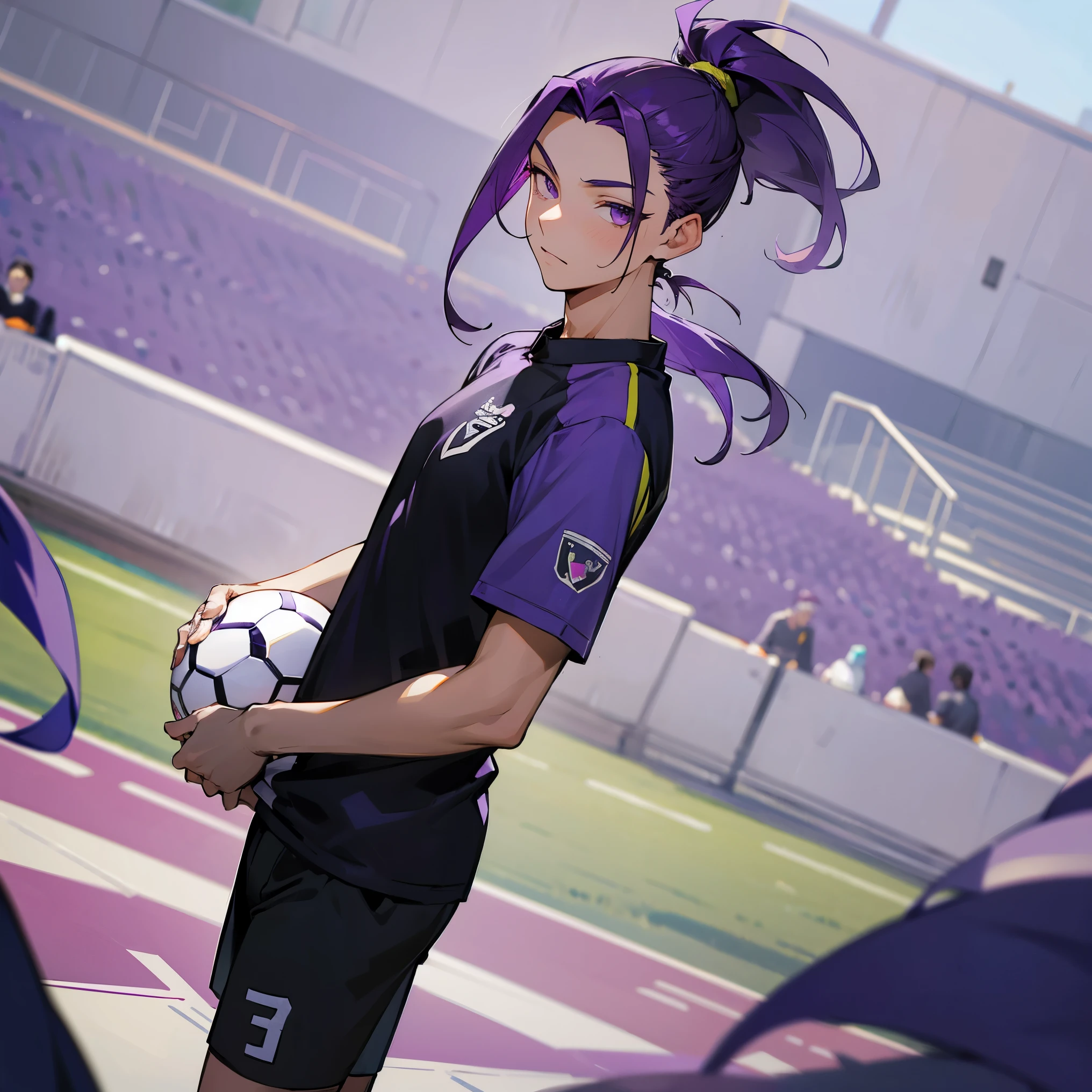 1male , young Male , Purple Hair , Medium Hair pulled back into a ponytail , Soccer Uniform , Purple Eyes , Standing on soccer field ,