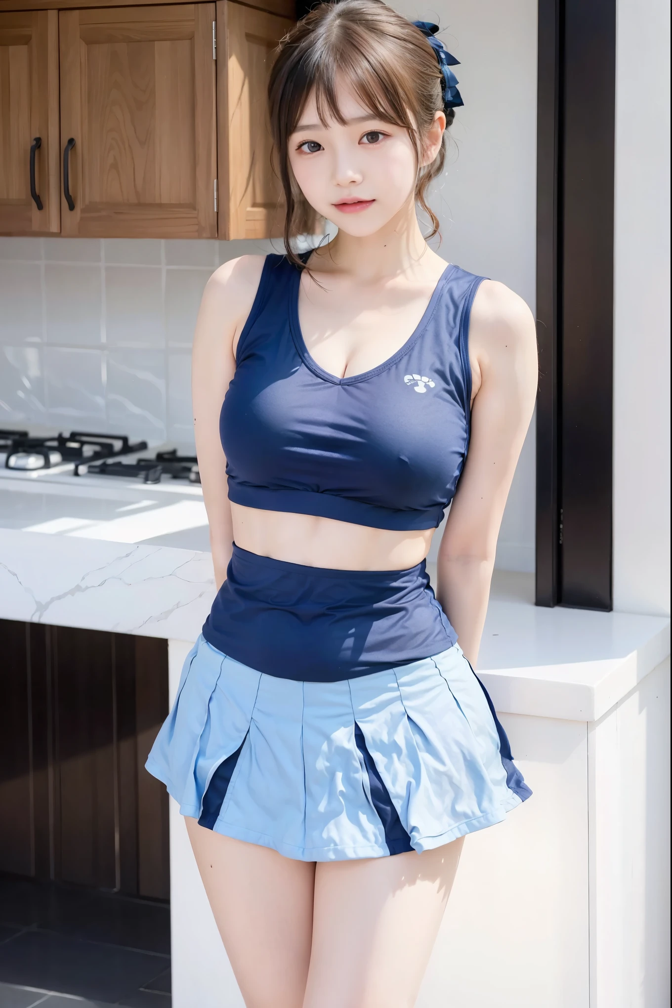 (8x_NMKD-Superscale_150000_G),(8K, Super high quality,highest quality),(masterpiece:1.5),Arafed image of a young girl in a blue dress, wear a Tank top and skirt, blue Tank top, Tank top, navy leotard costume, tight fitted Tank top, tennis wear, cute girl wear tank suit, dark blue leotard costume, wear Tank top, Tank top, fubuki, wear : Tank top