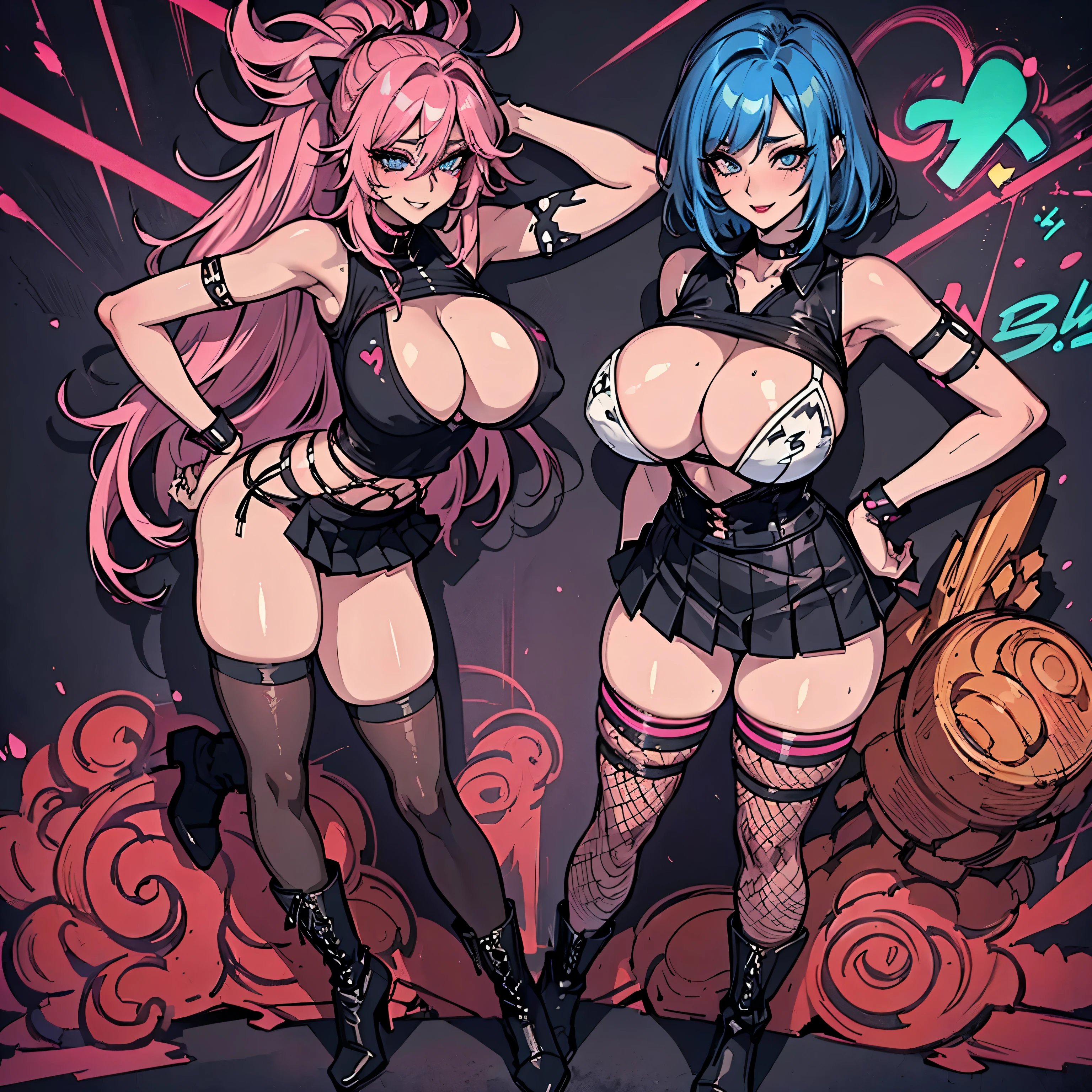 (Short big titty e-girl), 19 yo, (fit), (deep cleavage), (busty), 4k, (spray paint background abstract), (slim shoulders), (massive natural breasts), (enormous natural breasts:1.2), (perfect stacked body and perfect huge natural breasts), (perfect legs), (perfect thick thighs), (perfect wide hips), (perfect large round ass), highly detailed, (perfect light skin), (slutty erotic face), (flirty lustful smile), (neon hair), (sexy messy hair), (erotic hentai body), (slim narrow waist), detailed body, (gorgeous erotic face), (blue eyes), black eyeshadow, extrem black eyeliner, (sexy red lips), choker, (cropped shirt), (pleated black micro skirt:1.2), (fishnet socks), (boots).