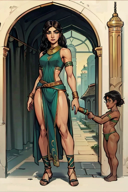 female, 5 foot 5 inches tall, athletics to slim body build, waist length wavy brunette to black hair, green eyes, mid 20 age, ethnicity india, ethnicity middle eastern, clothing style 1920-30's