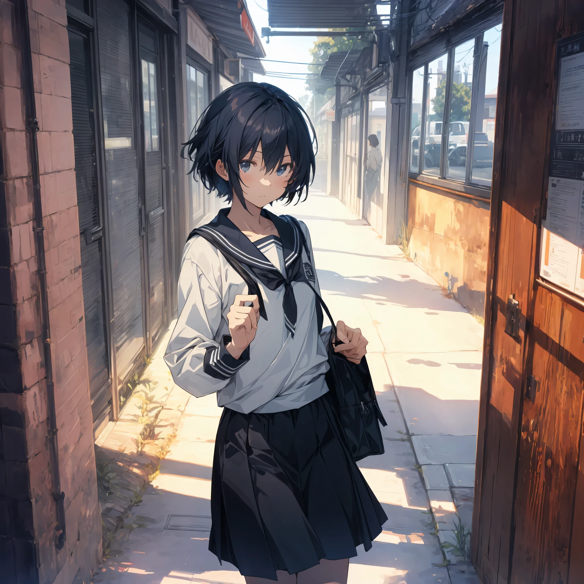 Super high quality by the art god, super detailed, High resolution, Shinkai Makoto style, anime moe art style, best anime 8K konachan wallpaper, pixiv contest winner, perfect anatomy, break,(眠そうにalone学校へ行く女の子を描いてください. ),break, surreal high school girl, (alone,lolita, , 13 years old:1.3),All limbs, full finger,, androgynous charm, (very short hair), messy hair, flat chest, , small ass, between legs, Small black eyes, beautiful and fine eyes, Well-proportioned iris and pupils, disgusted eyes, High resolutionの詳細な髪, wearing school uniform, (skirt), On the way to school. break,super dense skin, Best lighting by famous artists, 8K, figure,